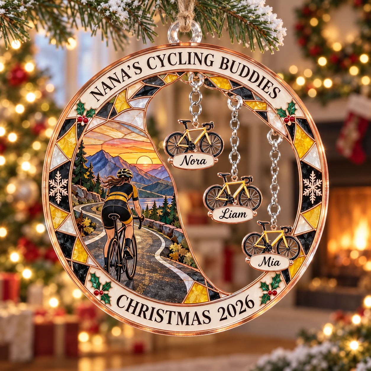 Stained-glass acrylic Christmas ornament with "NANA'S CYCLING BUDDIES" and personalised name charms