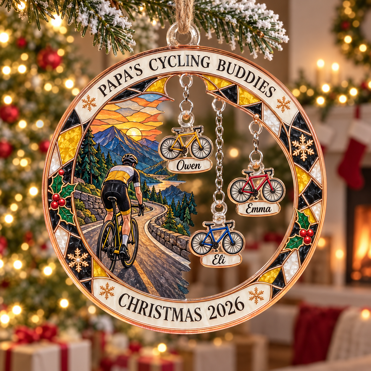 Stained-glass acrylic Christmas ornament with "PAPA'S CYCLING BUDDIES" and personalised name charms