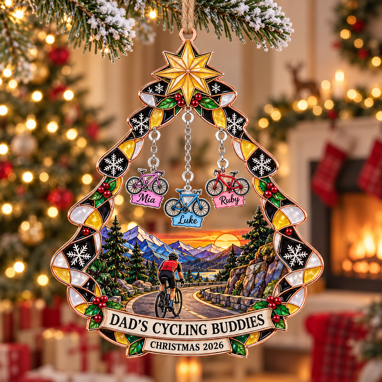 Stained-glass acrylic Christmas ornament with "DAD'S CYCLING BUDDIES" and personalised name charms