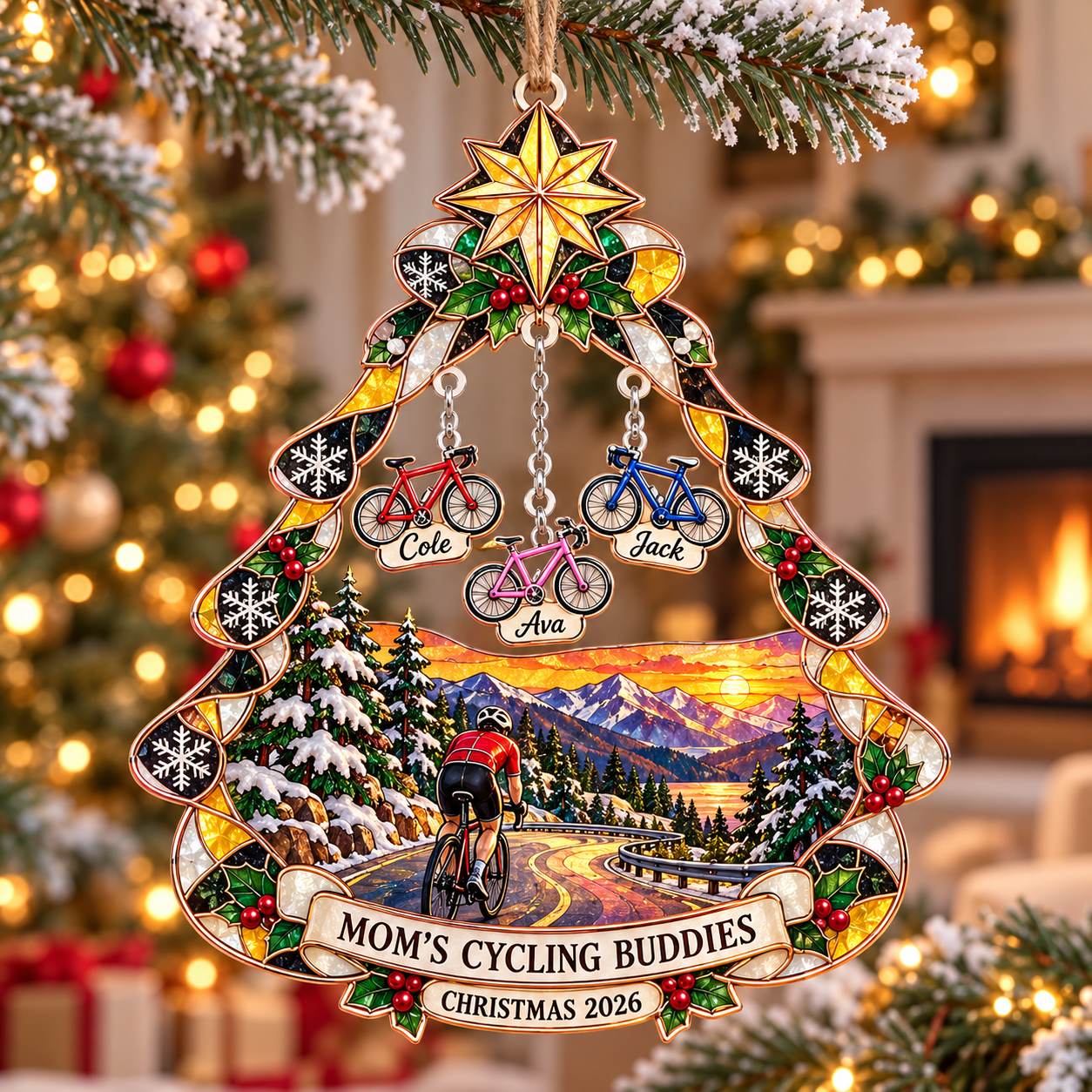Stained-glass acrylic Christmas ornament with "MOM'S CYCLING BUDDIES" and personalised name charms