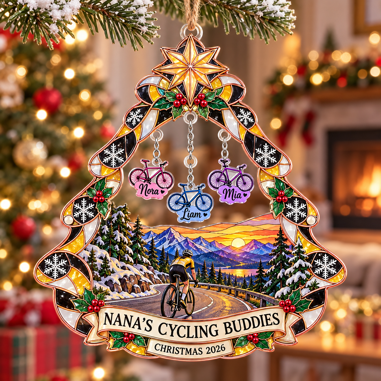 Stained-glass acrylic Christmas ornament with "NANA'S CYCLING BUDDIES" and personalised name charms