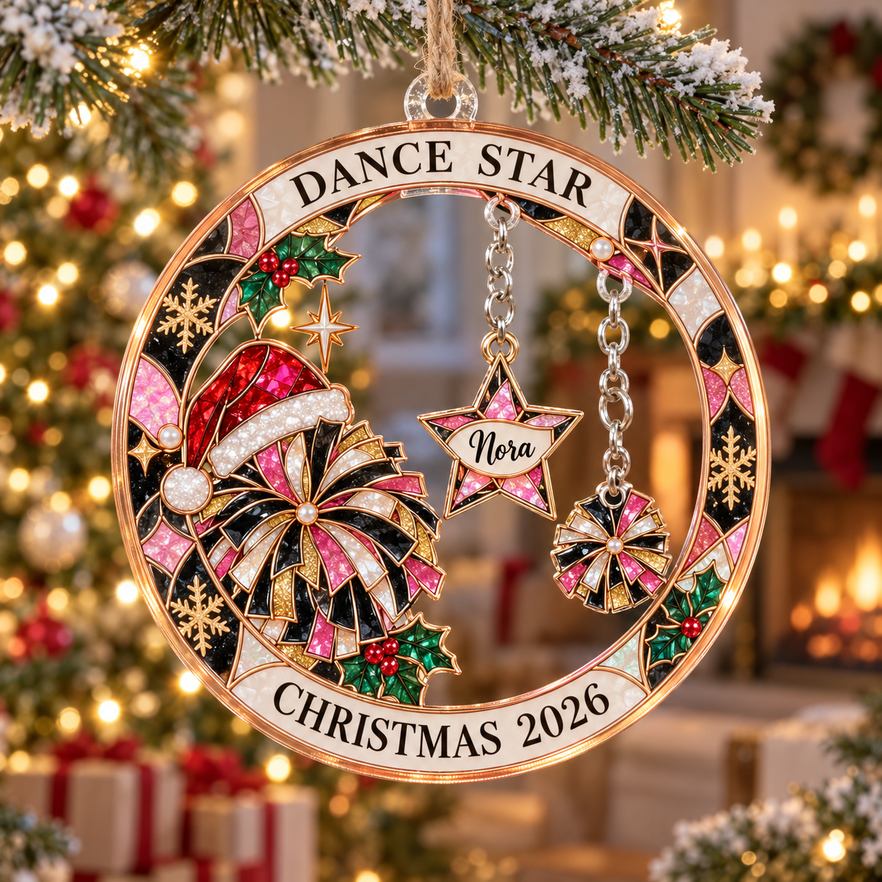 Stained-glass acrylic Christmas ornament with "DANCE STAR" and personalised name charms
