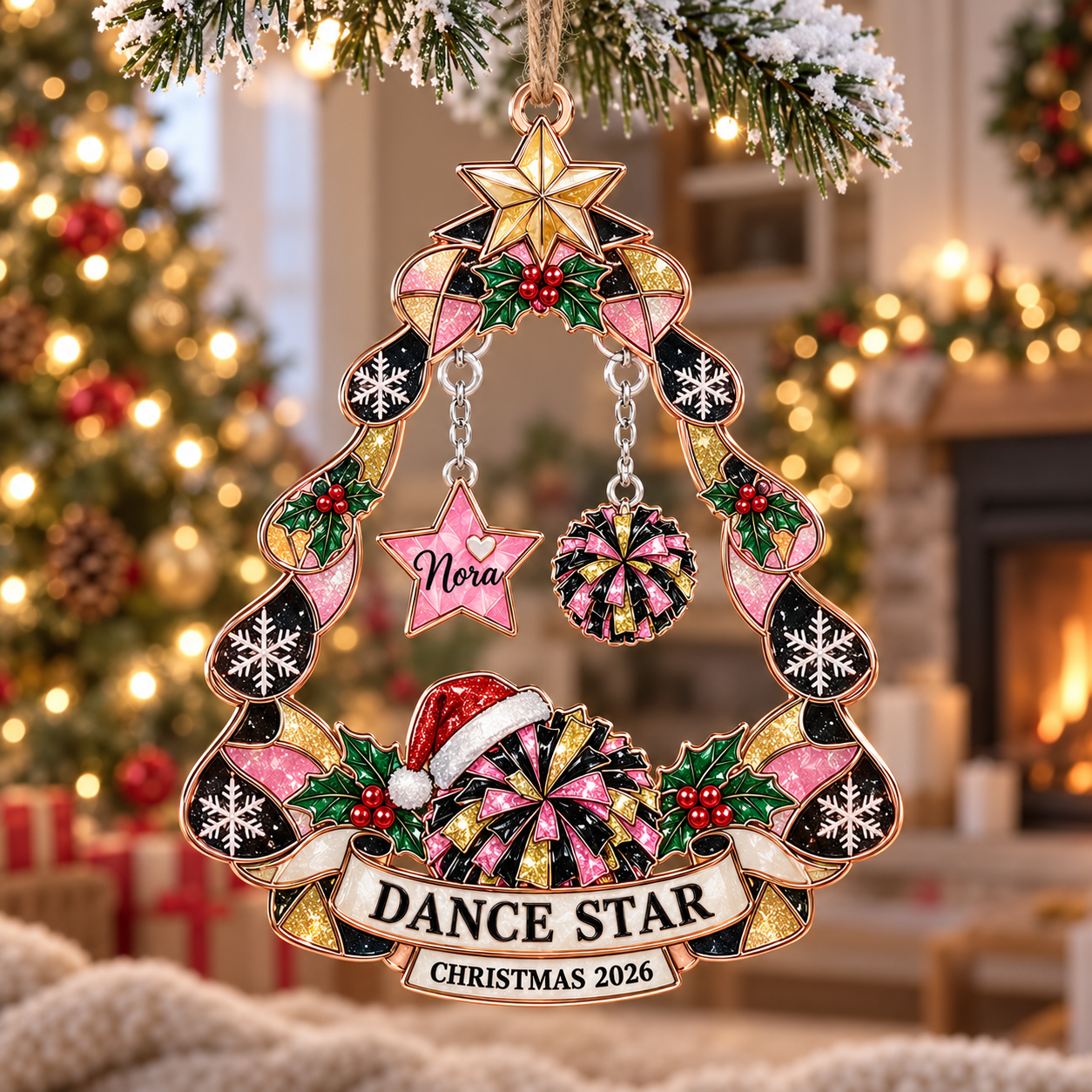Stained-glass acrylic Christmas ornament with "DANCE STAR" and personalised name charms