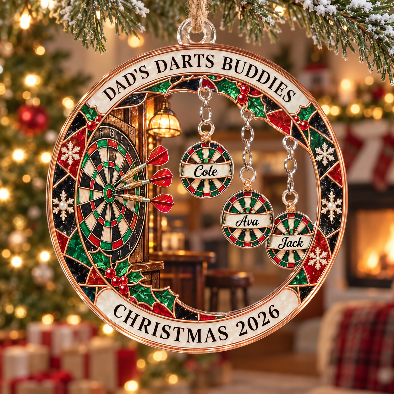 Stained-glass acrylic Christmas ornament with "DAD'S DARTS BUDDIES" and personalised name charms