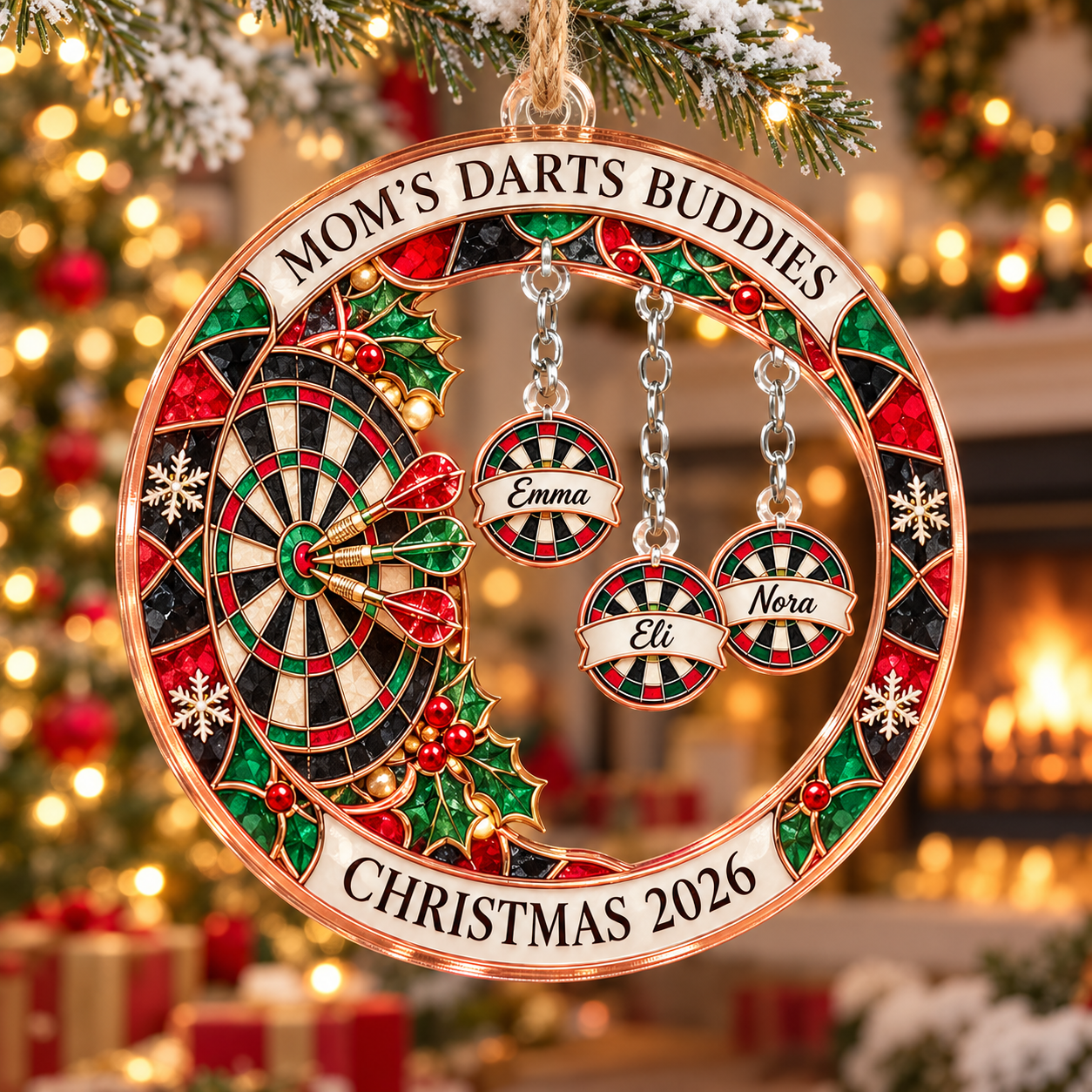 Stained-glass acrylic Christmas ornament with "MOM'S DARTS BUDDIES" and personalised name charms