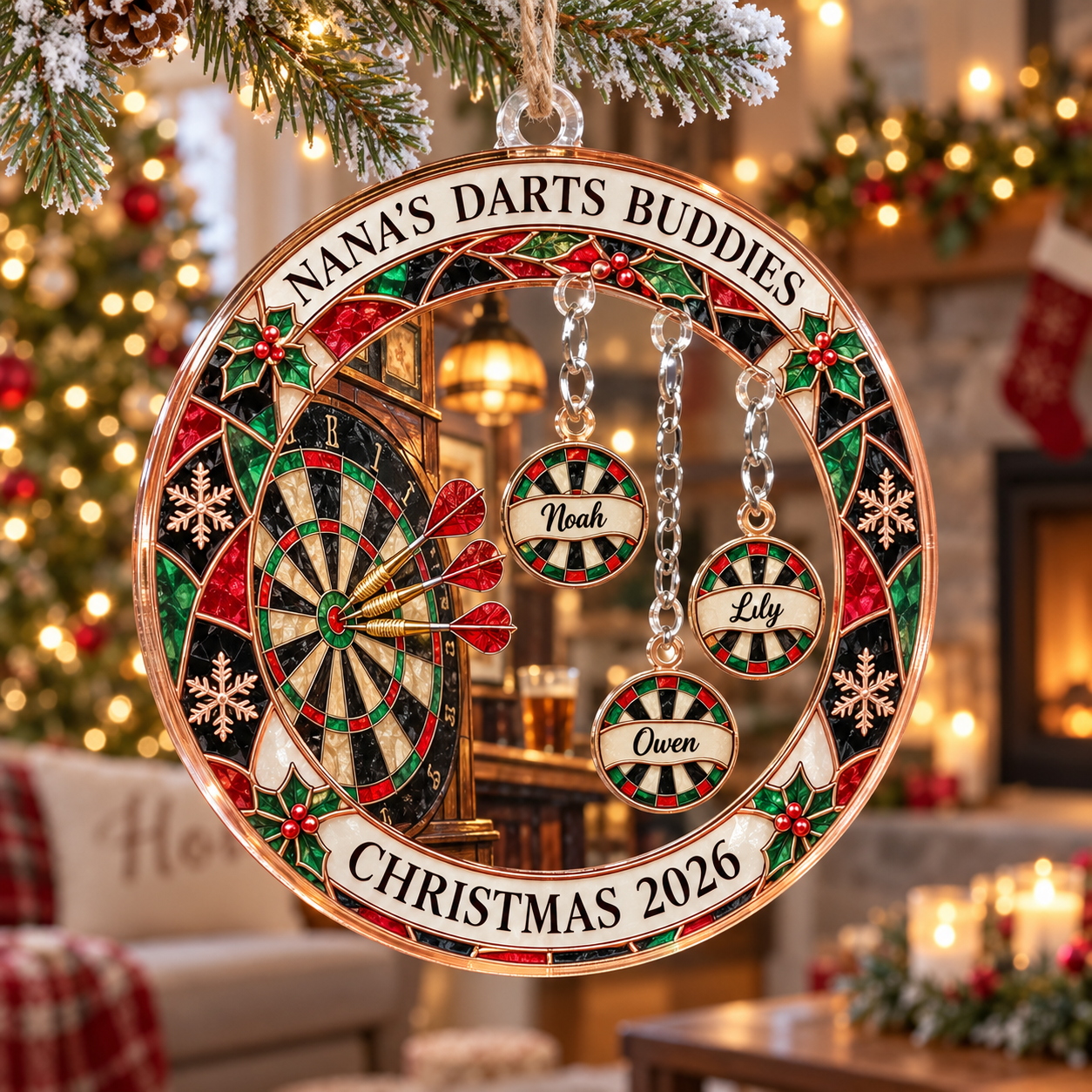 Stained-glass acrylic Christmas ornament with "NANA'S DARTS BUDDIES" and personalised name charms