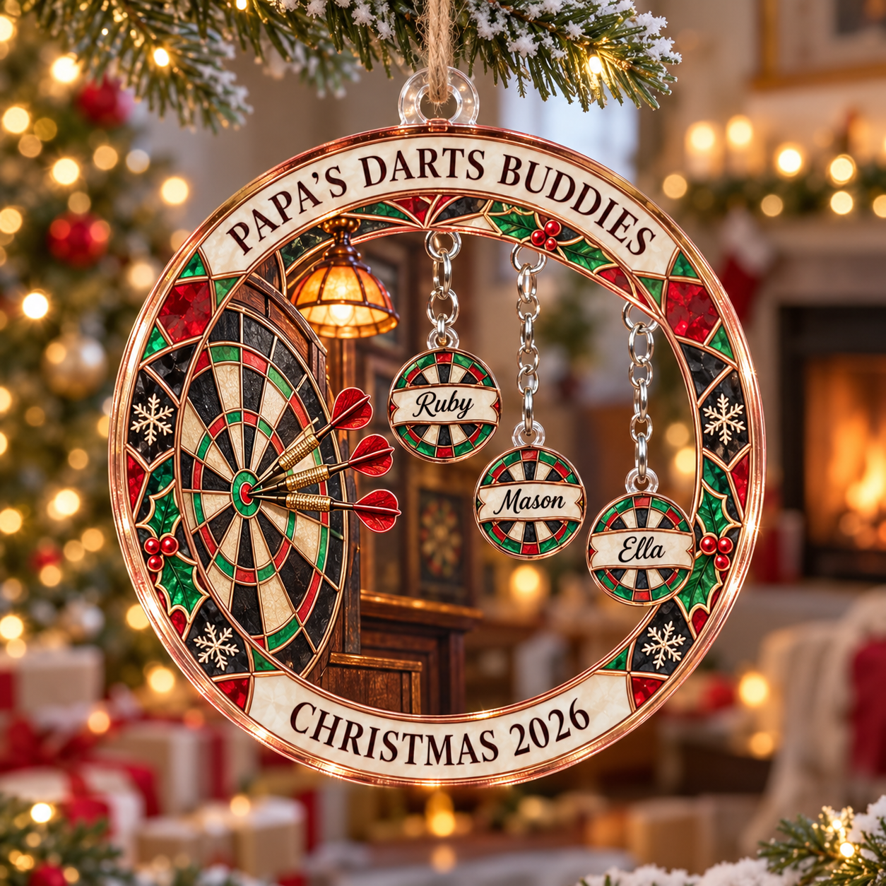 Stained-glass acrylic Christmas ornament with "PAPA'S DARTS BUDDIES" and personalised name charms