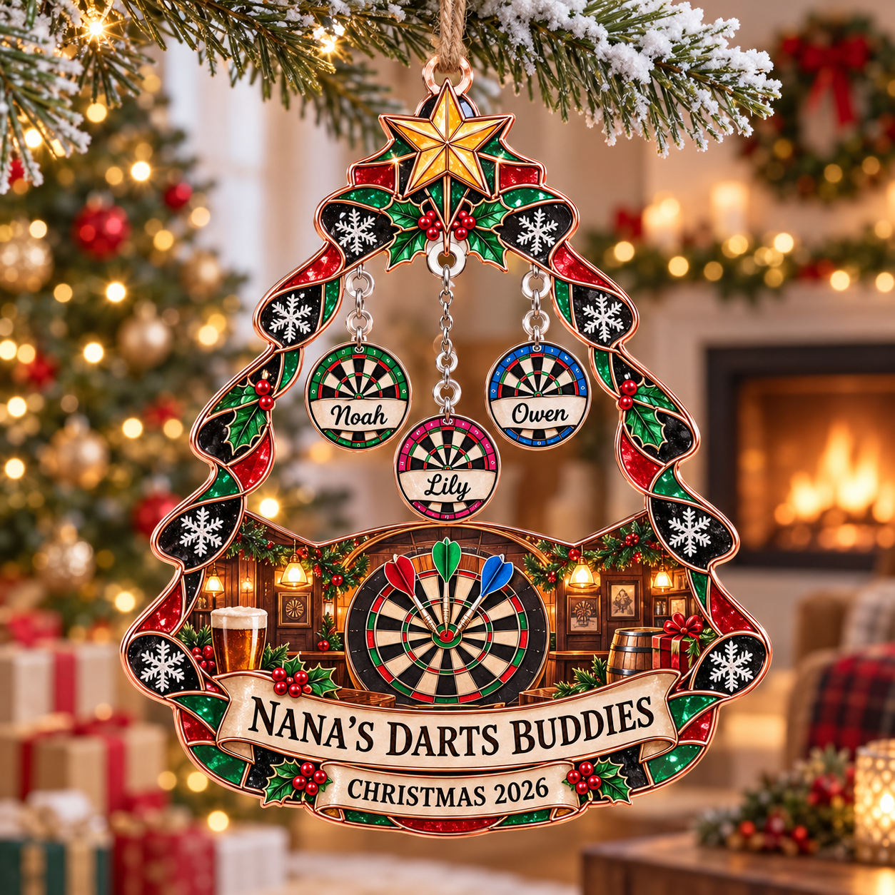 Stained-glass acrylic Christmas ornament with "NANA'S DARTS BUDDIES" and personalised name charms