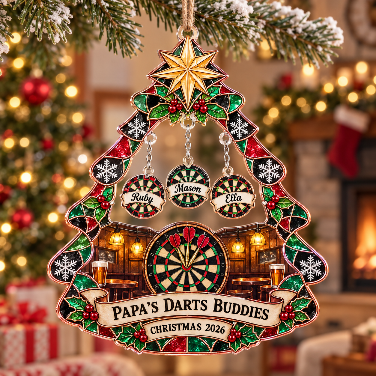 Stained-glass acrylic Christmas ornament with "PAPA'S DARTS BUDDIES" and personalised name charms