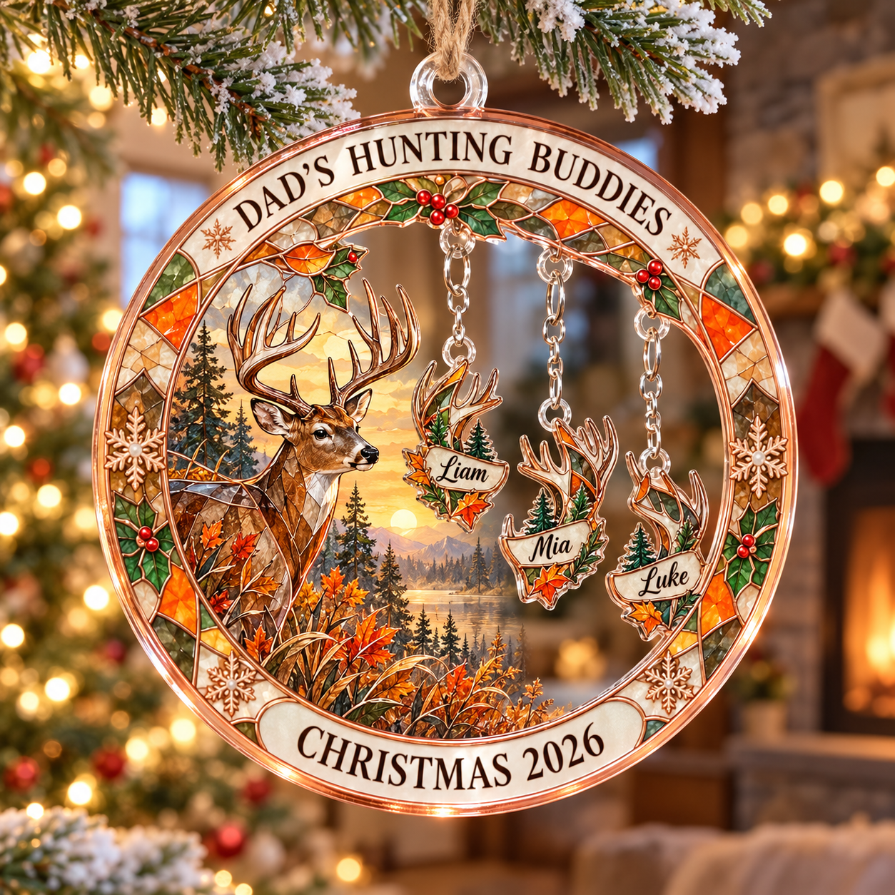 Stained-glass acrylic Christmas ornament with "DAD'S HUNTING BUDDIES" and personalised name charms