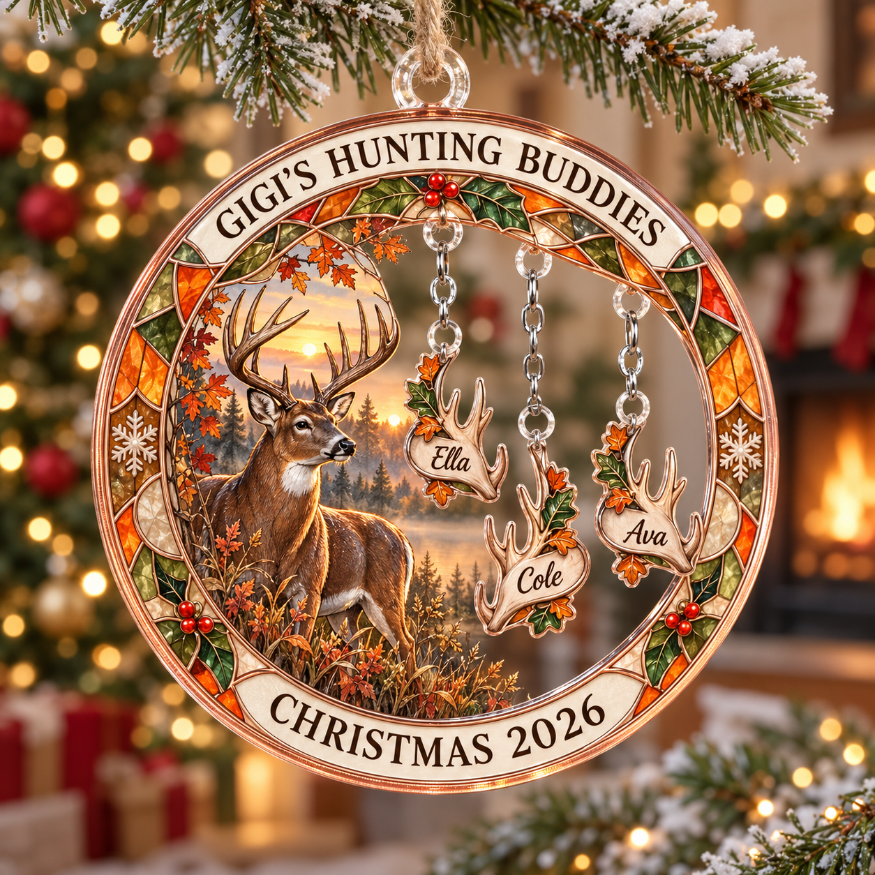 Stained-glass acrylic Christmas ornament with "GIGI'S HUNTING BUDDIES" and personalised name charms