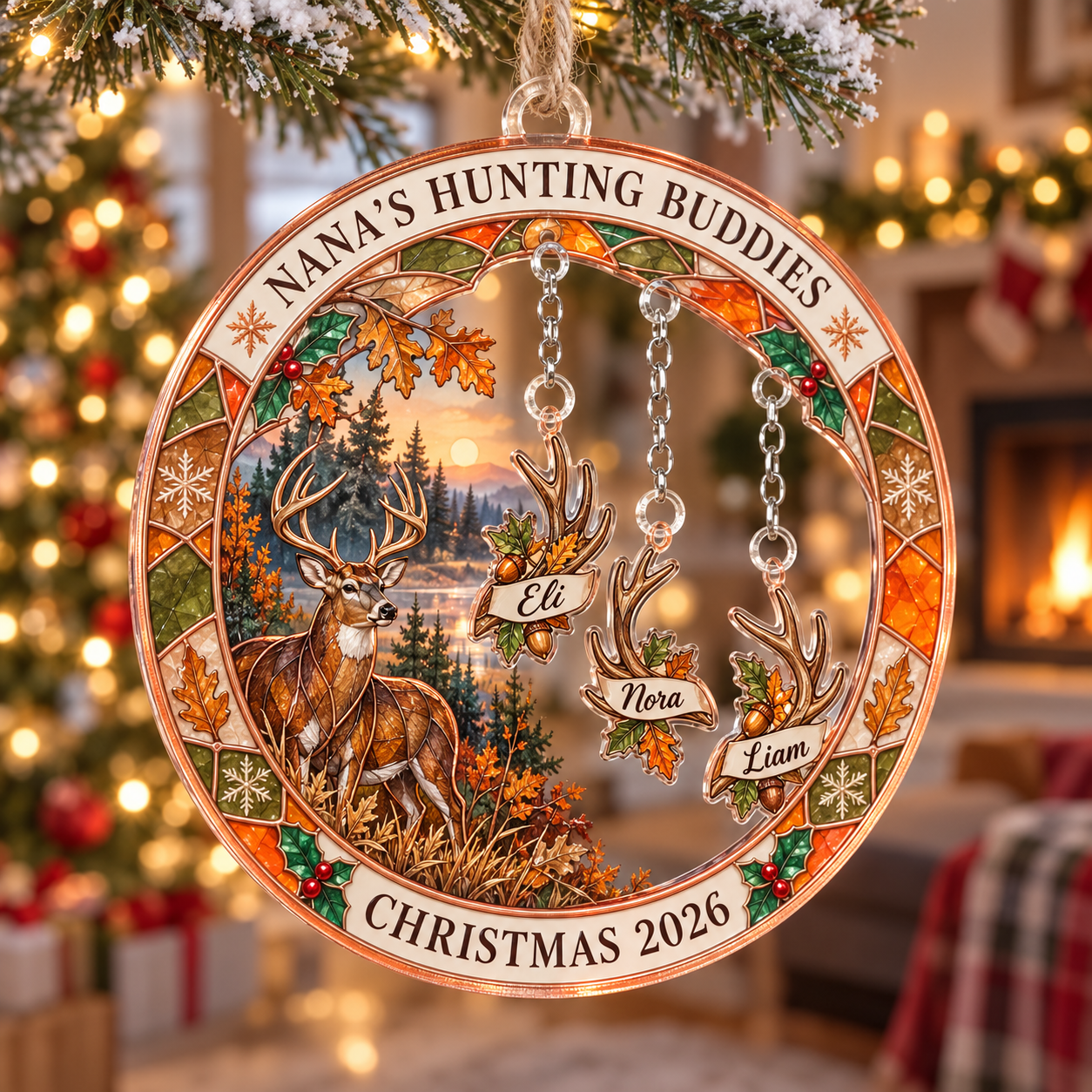 Stained-glass acrylic Christmas ornament with "NANA'S HUNTING BUDDIES" and personalised name charms