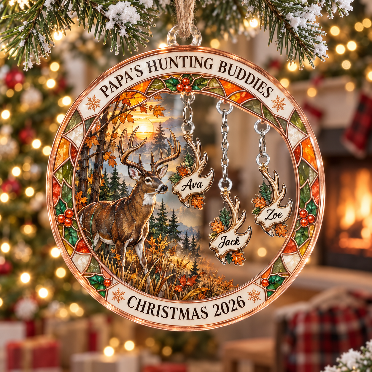 Stained-glass acrylic Christmas ornament with "PAPA'S HUNTING BUDDIES" and personalised name charms