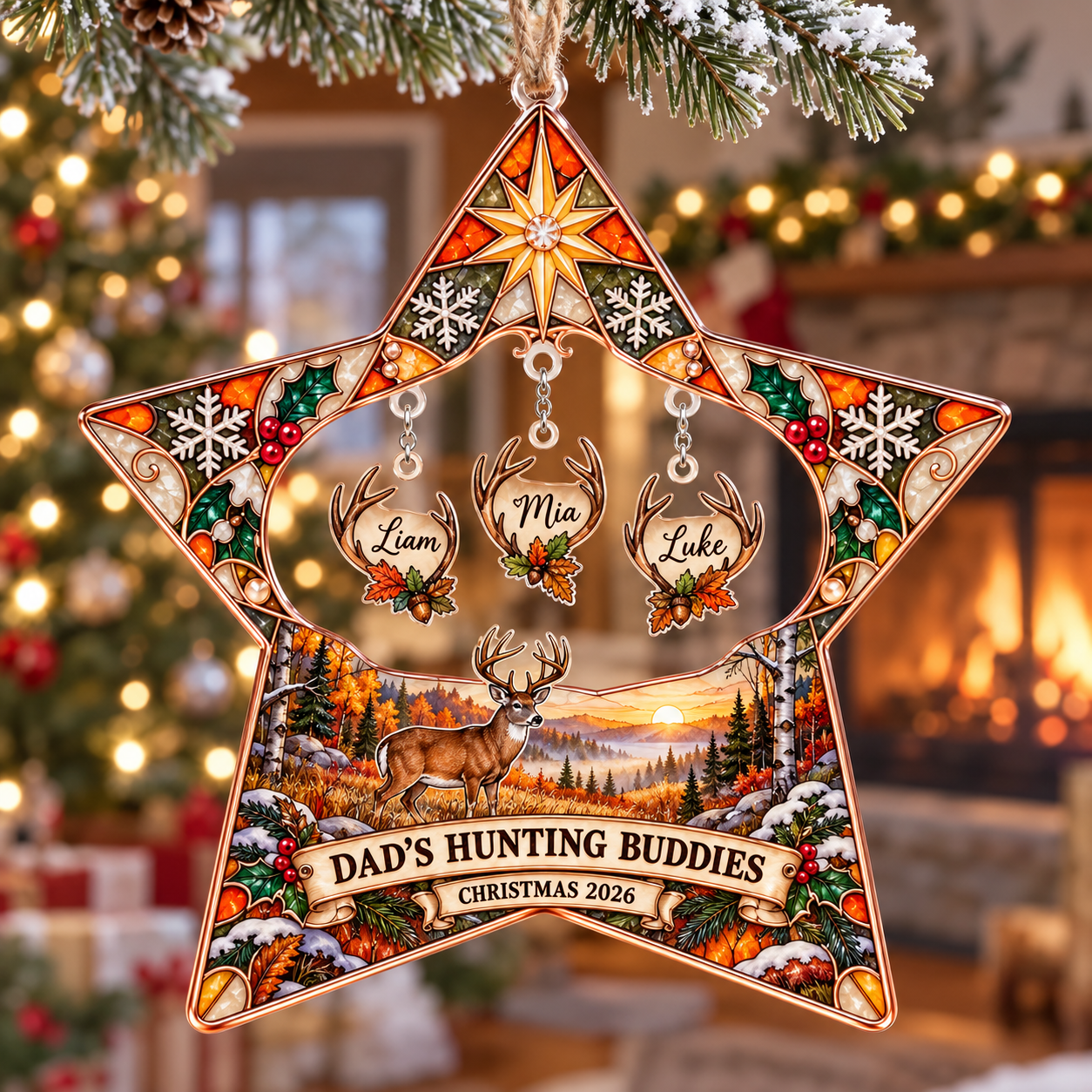 Stained-glass acrylic Christmas ornament with "DAD'S HUNTING BUDDIES" and personalised name charms