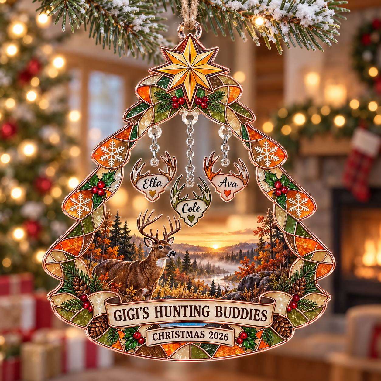 Stained-glass acrylic Christmas ornament with "GIGI'S HUNTING BUDDIES" and personalised name charms