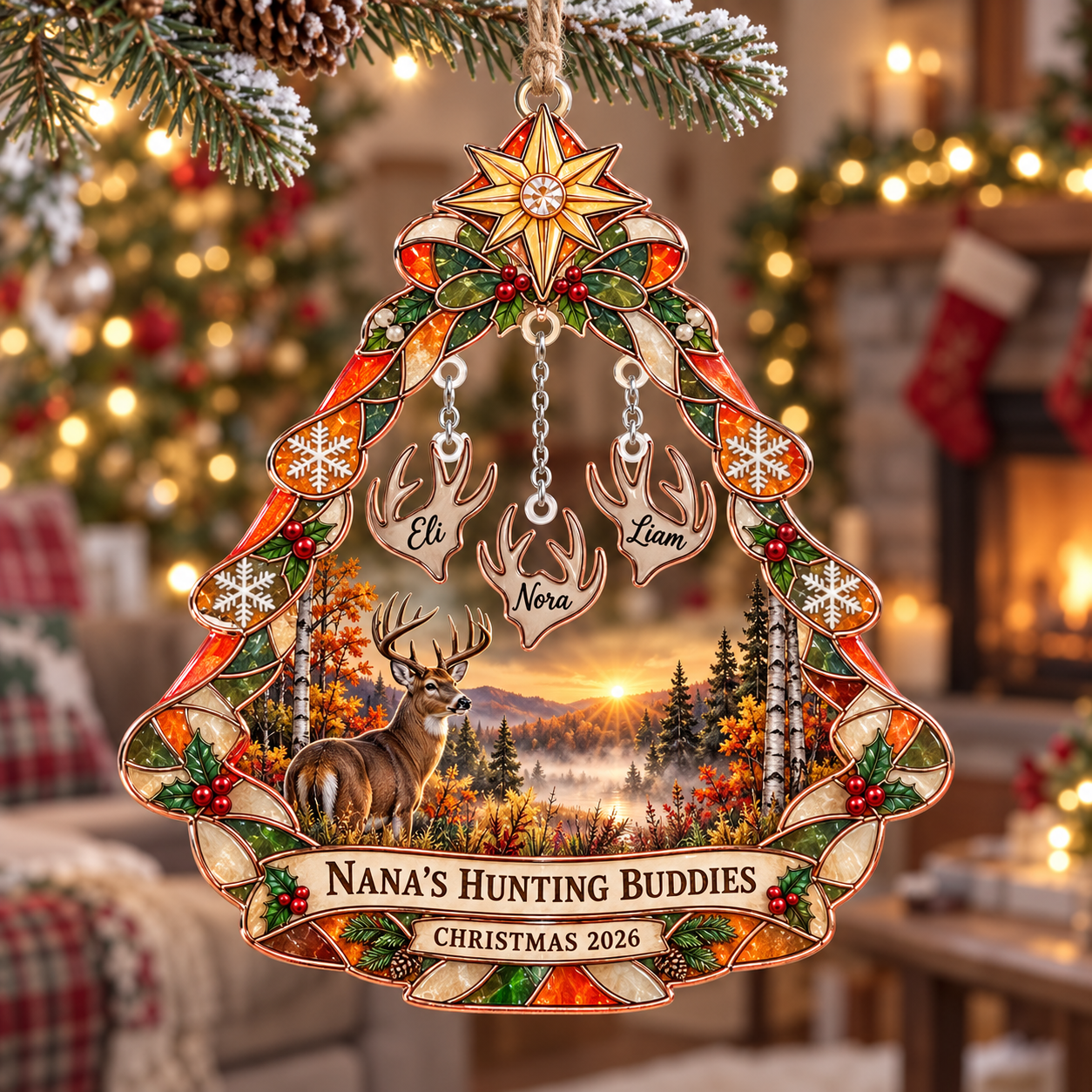 Stained-glass acrylic Christmas ornament with "NANA'S HUNTING BUDDIES" and personalised name charms