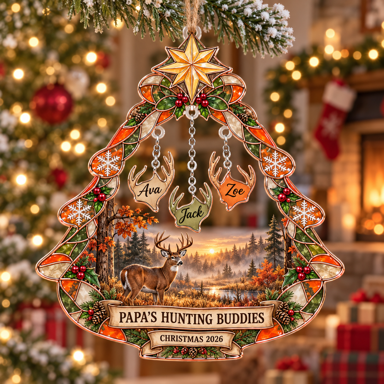 Stained-glass acrylic Christmas ornament with "PAPA'S HUNTING BUDDIES" and personalised name charms
