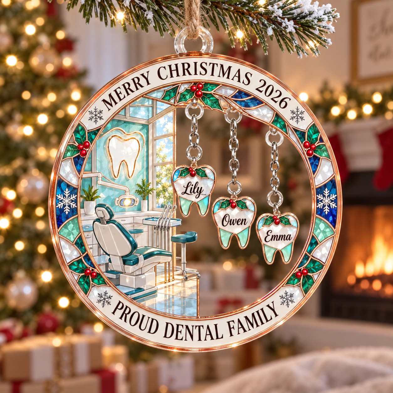 Stained-glass acrylic Christmas ornament with "PROUD DENTAL FAMILY" and personalised name charms
