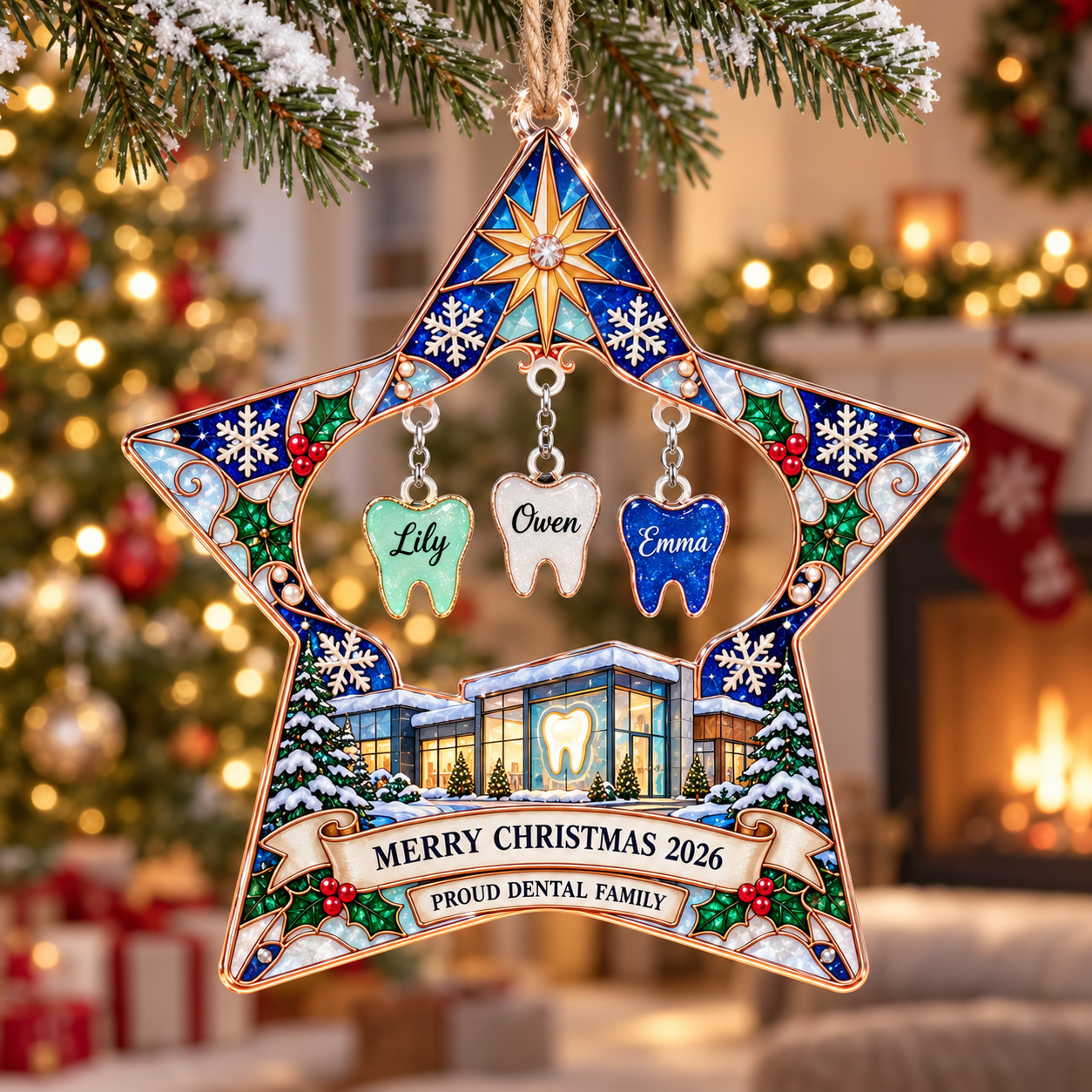 Stained-glass acrylic Christmas ornament with "PROUD DENTAL FAMILY" and personalised name charms