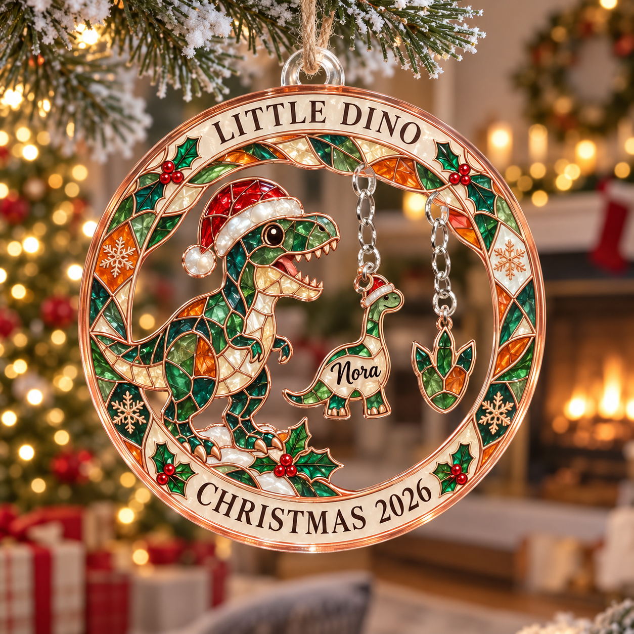 Stained-glass acrylic Christmas ornament with "LITTLE DINO" and personalised name charms