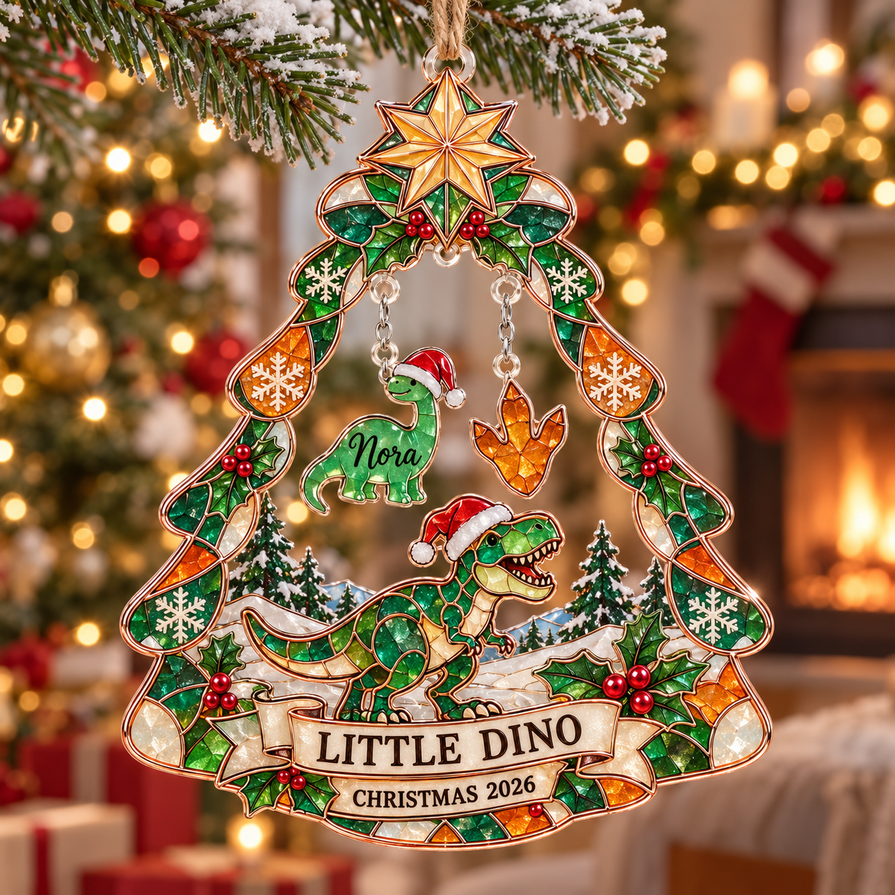 Stained-glass acrylic Christmas ornament with "LITTLE DINO" and personalised name charms