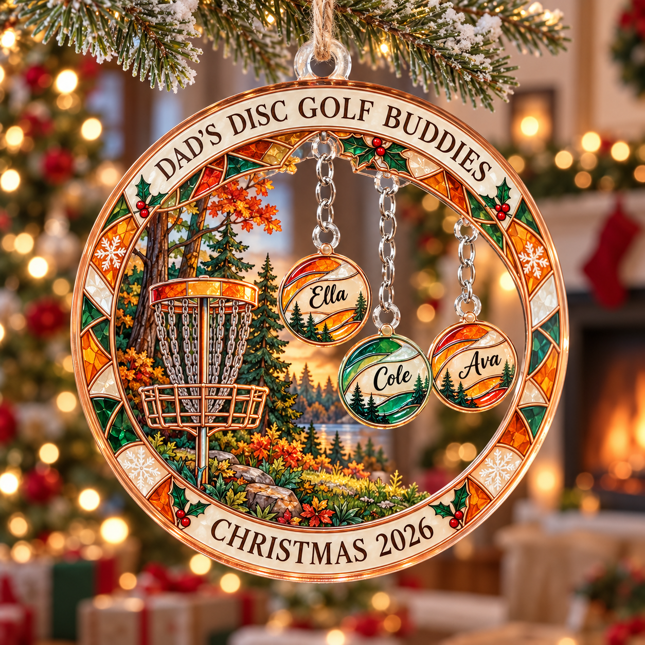 Stained-glass acrylic Christmas ornament with "DAD'S DISC GOLF BUDDIES" and personalised name charms
