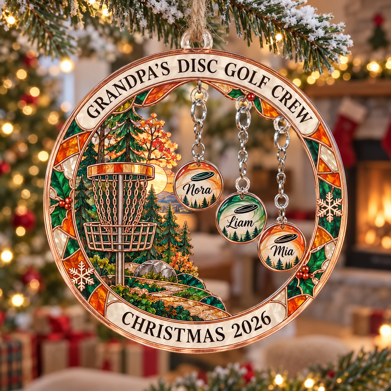 Stained-glass acrylic Christmas ornament with "GRANDPA'S DISC GOLF CREW" and personalised name charms