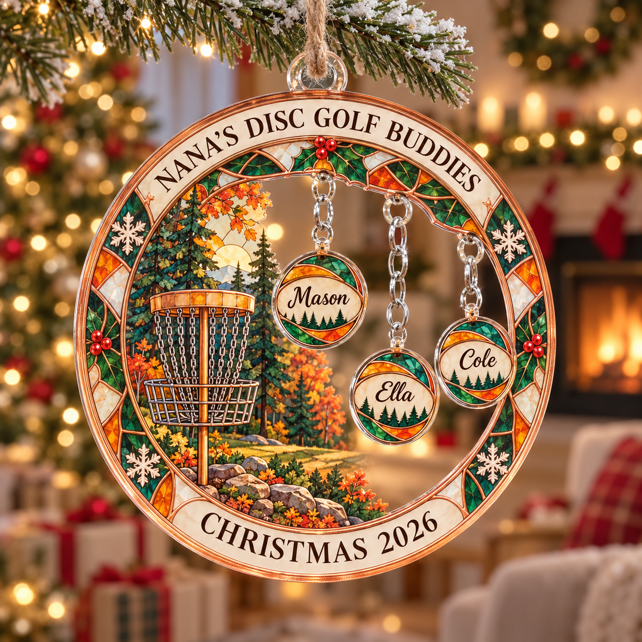 Stained-glass acrylic Christmas ornament with "NANA'S DISC GOLF BUDDIES" and personalised name charms