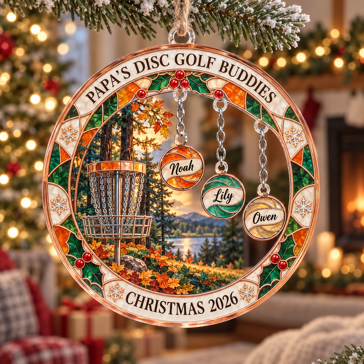 Stained-glass acrylic Christmas ornament with "PAPA'S DISC GOLF BUDDIES" and personalised name charms