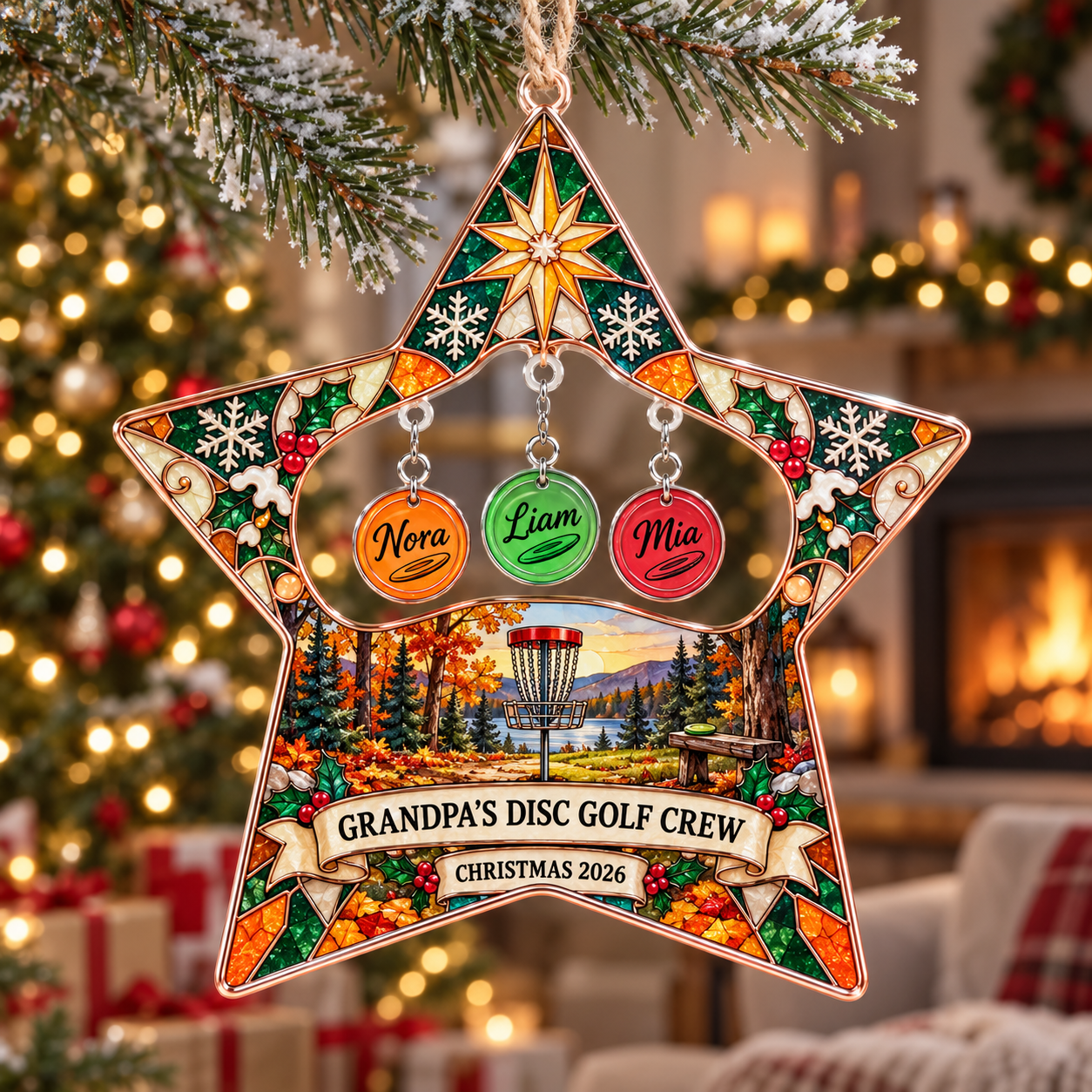 Stained-glass acrylic Christmas ornament with "GRANDPA'S DISC GOLF CREW" and personalised name charms