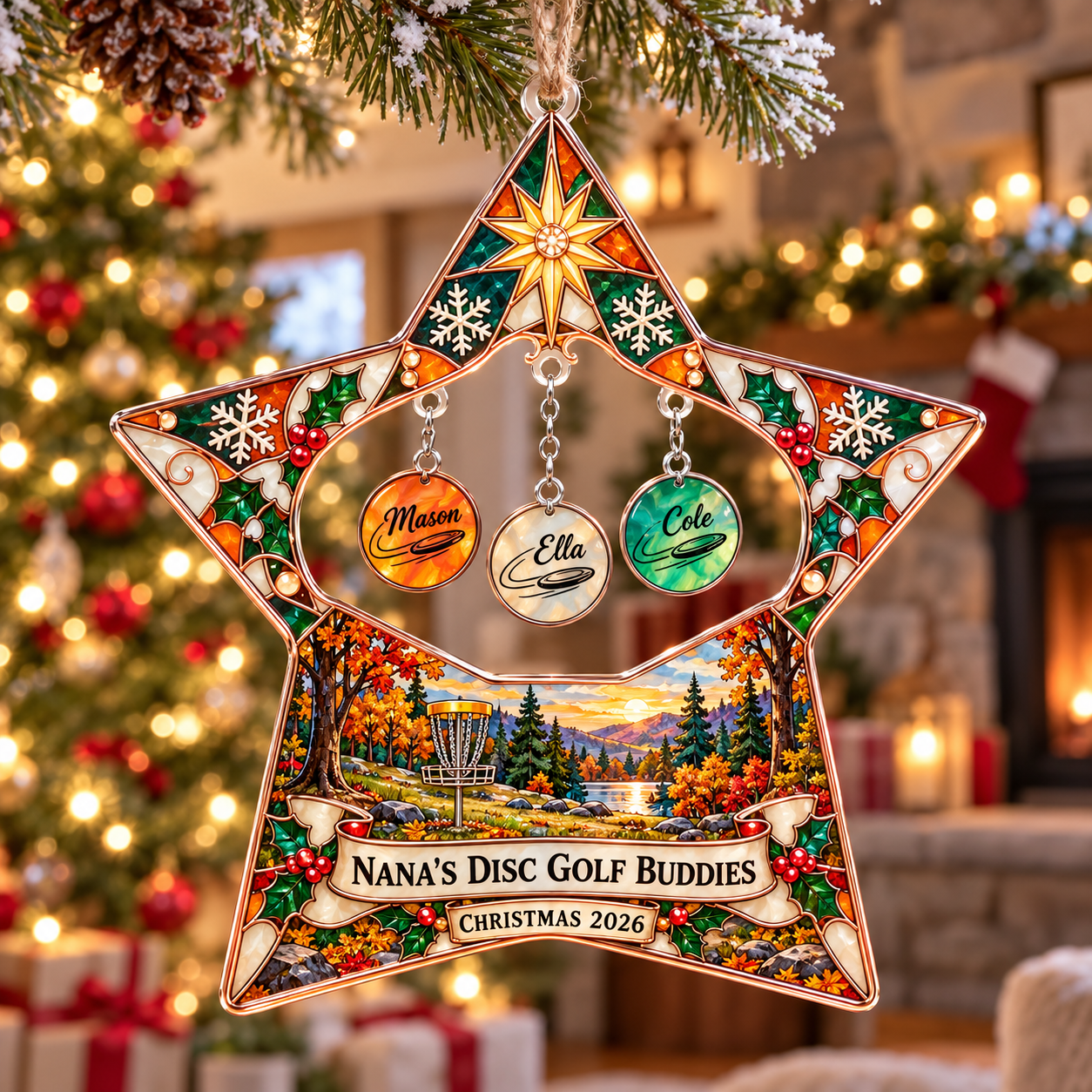 Stained-glass acrylic Christmas ornament with "NANA'S DISC GOLF BUDDIES" and personalised name charms