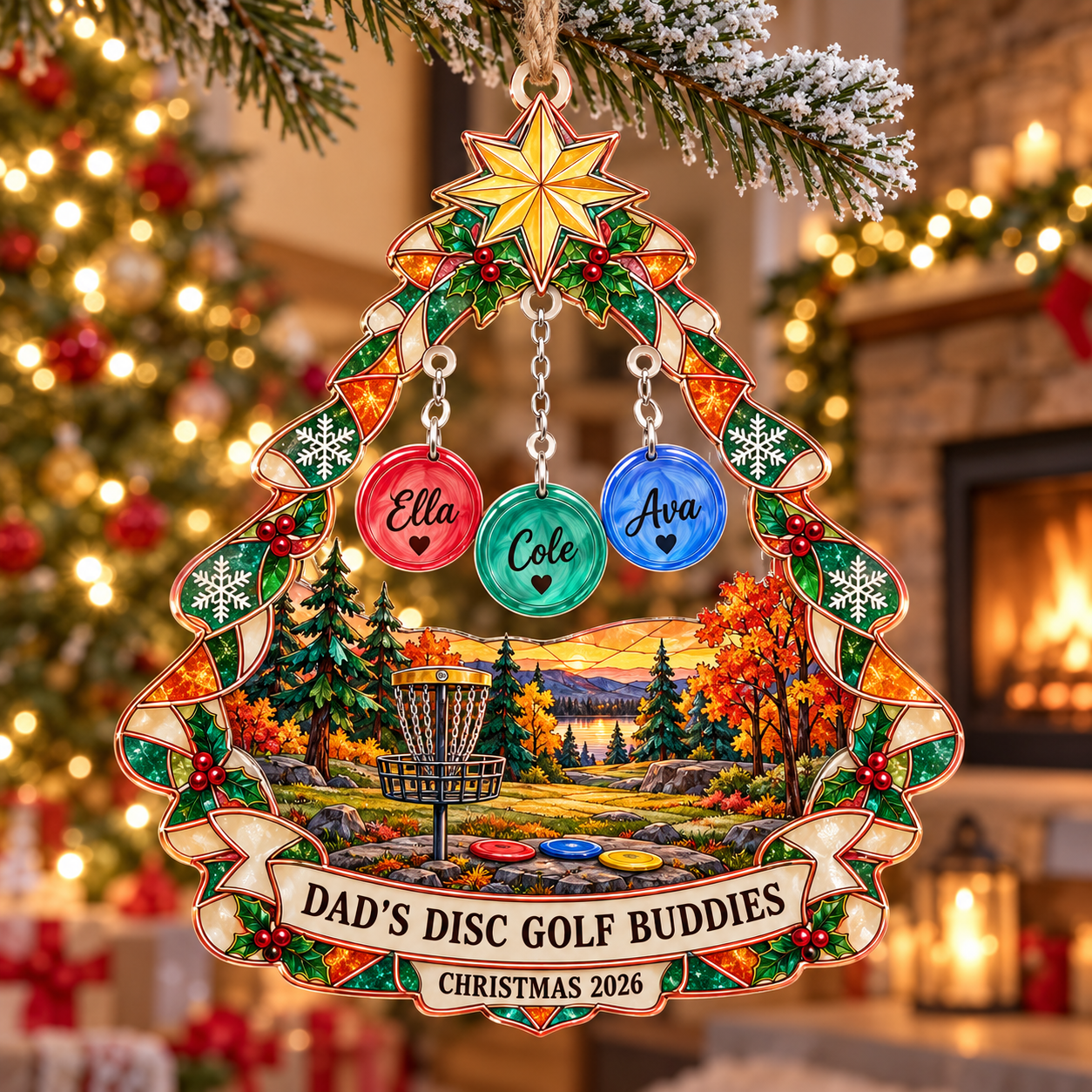 Stained-glass acrylic Christmas ornament with "DAD'S DISC GOLF BUDDIES" and personalised name charms