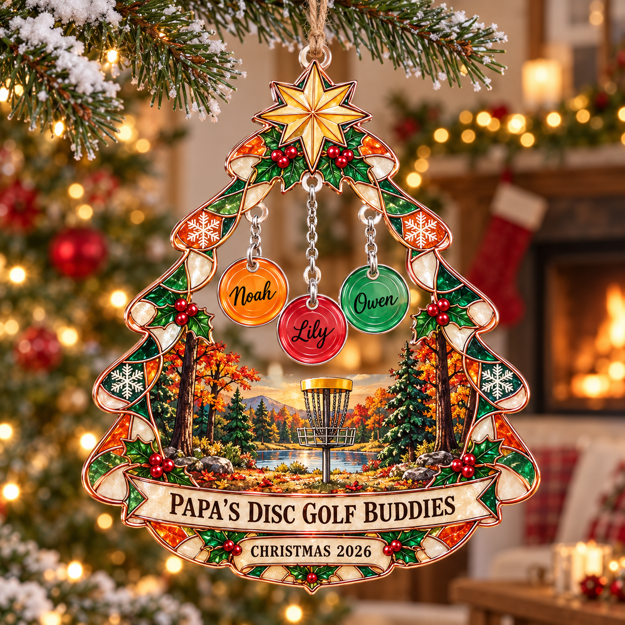 Stained-glass acrylic Christmas ornament with "PAPA'S DISC GOLF BUDDIES" and personalised name charms