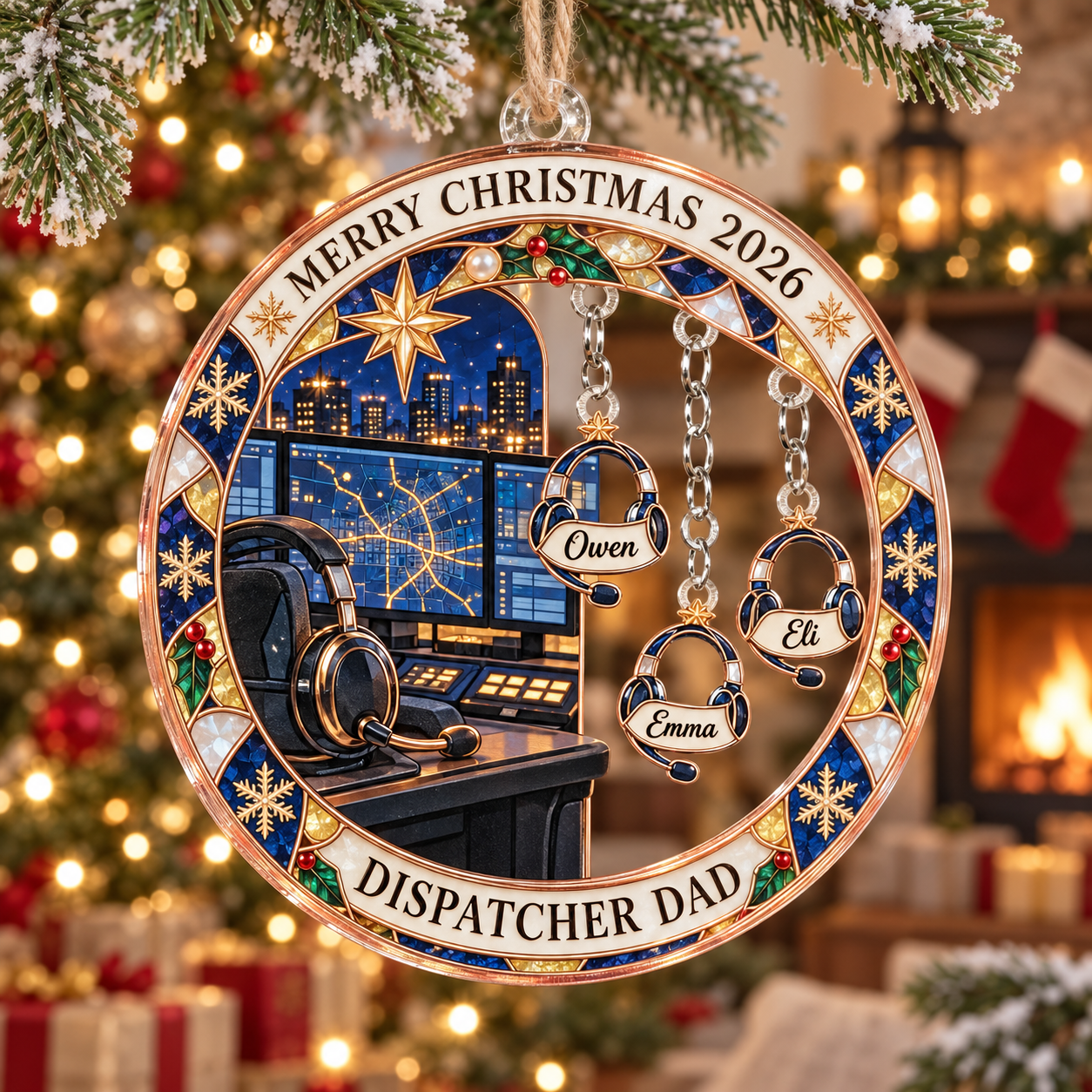 Stained-glass acrylic Christmas ornament with "DISPATCHER DAD" and personalised name charms