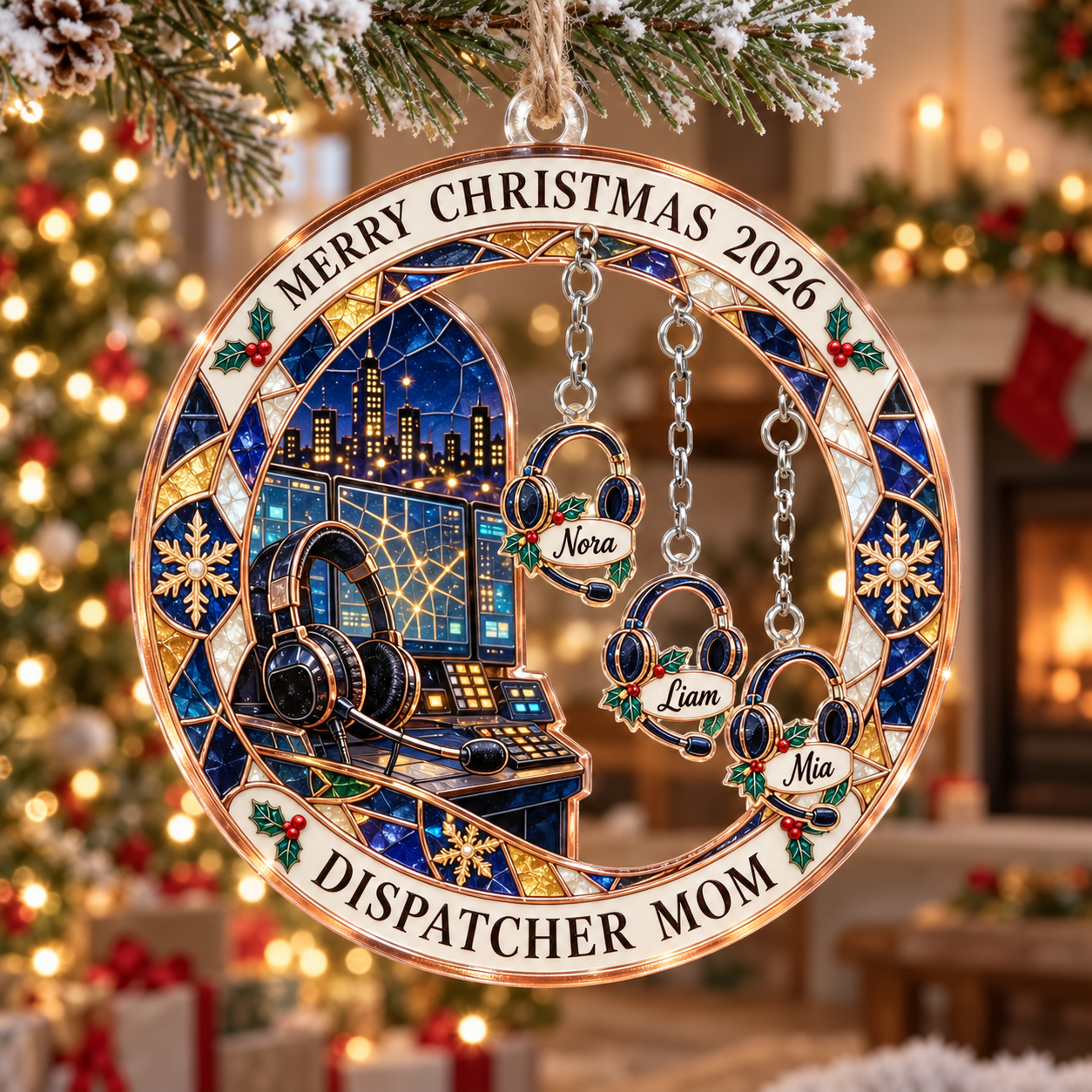 Stained-glass acrylic Christmas ornament with "DISPATCHER MOM" and personalised name charms