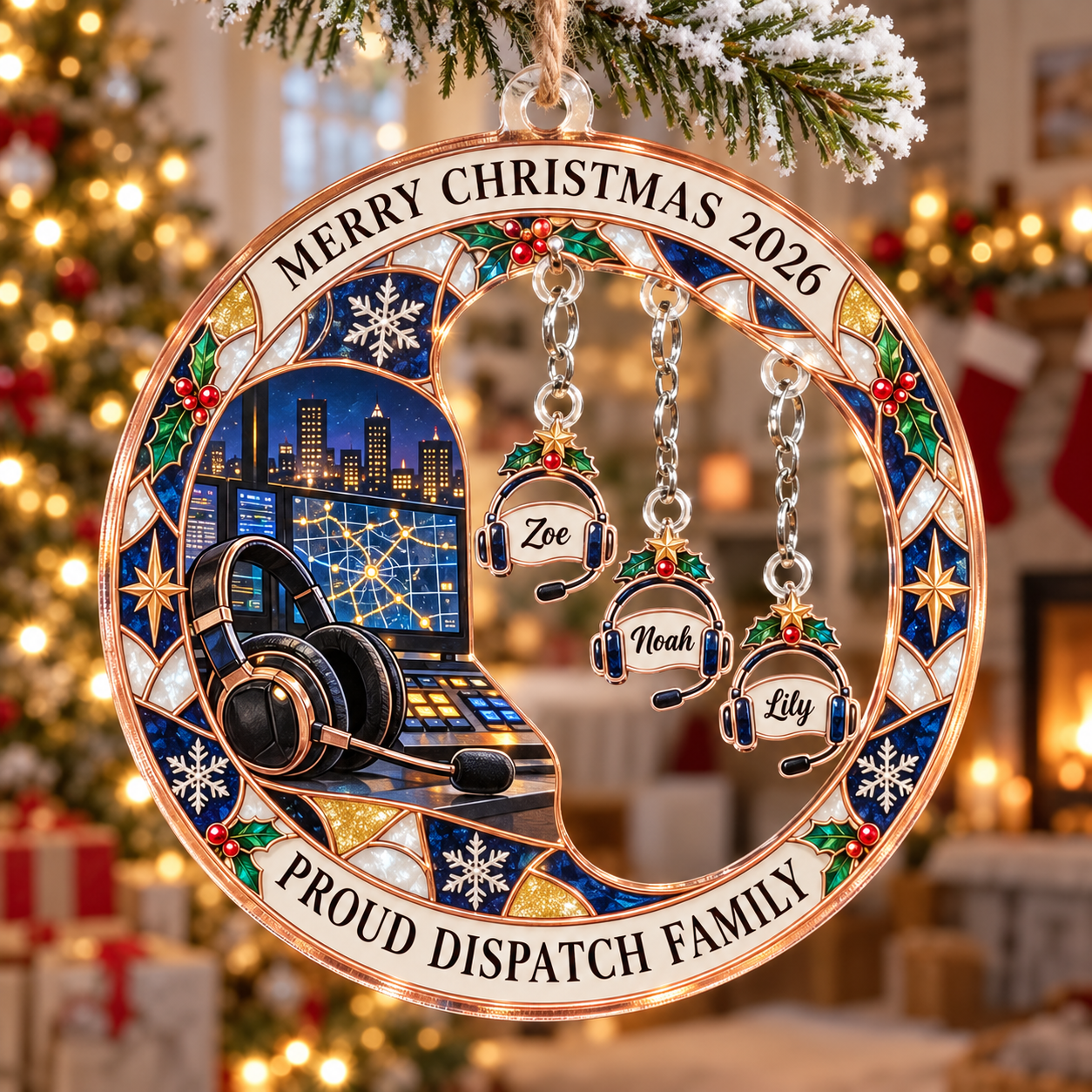 Stained-glass acrylic Christmas ornament with "PROUD DISPATCH FAMILY" and personalised name charms
