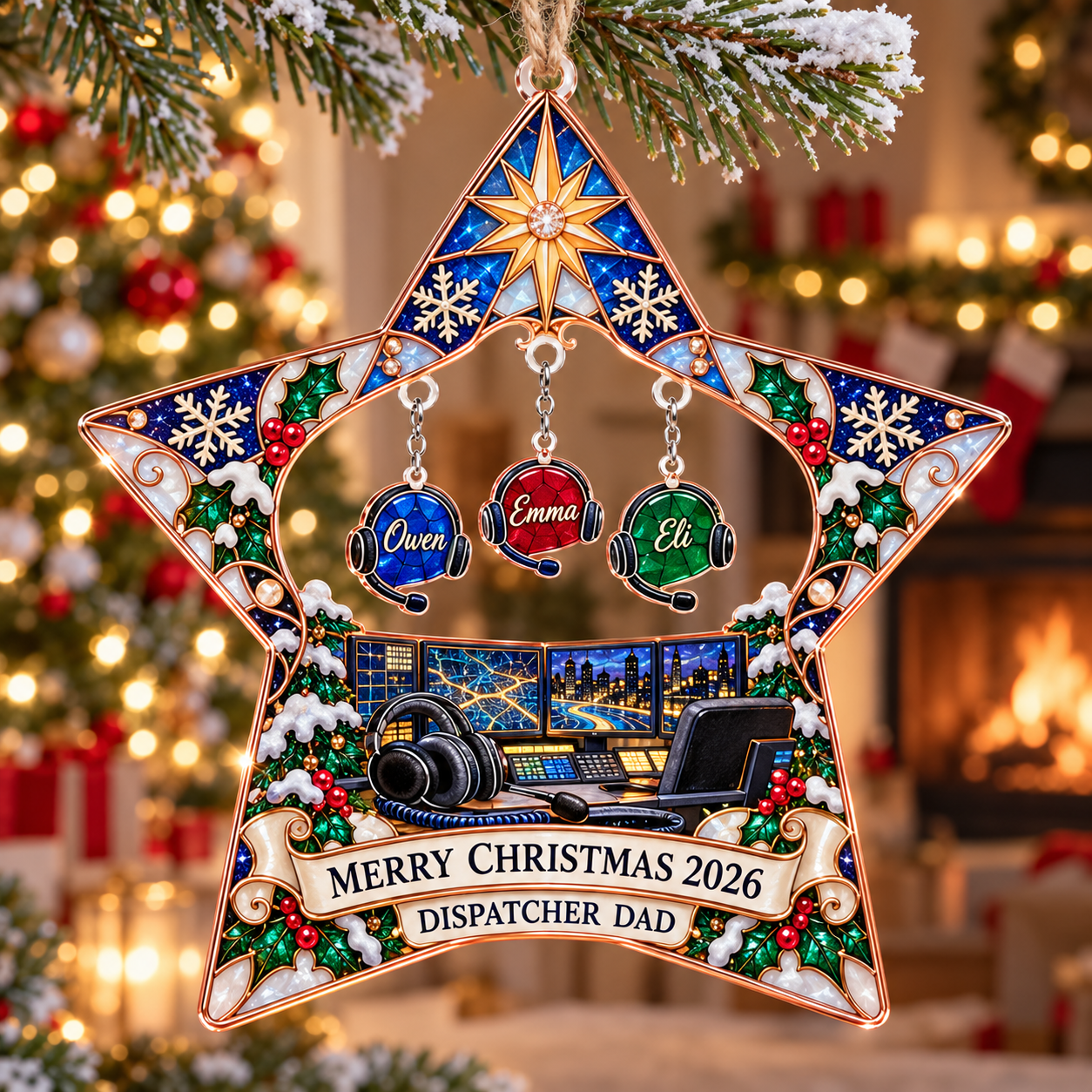 Stained-glass acrylic Christmas ornament with "DISPATCHER DAD" and personalised name charms