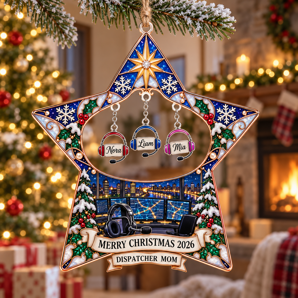 Stained-glass acrylic Christmas ornament with "DISPATCHER MOM" and personalised name charms