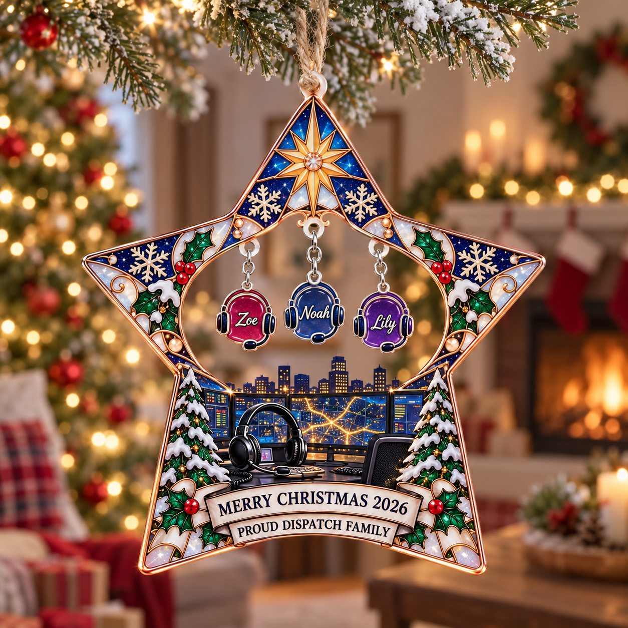 Stained-glass acrylic Christmas ornament with "PROUD DISPATCH FAMILY" and personalised name charms