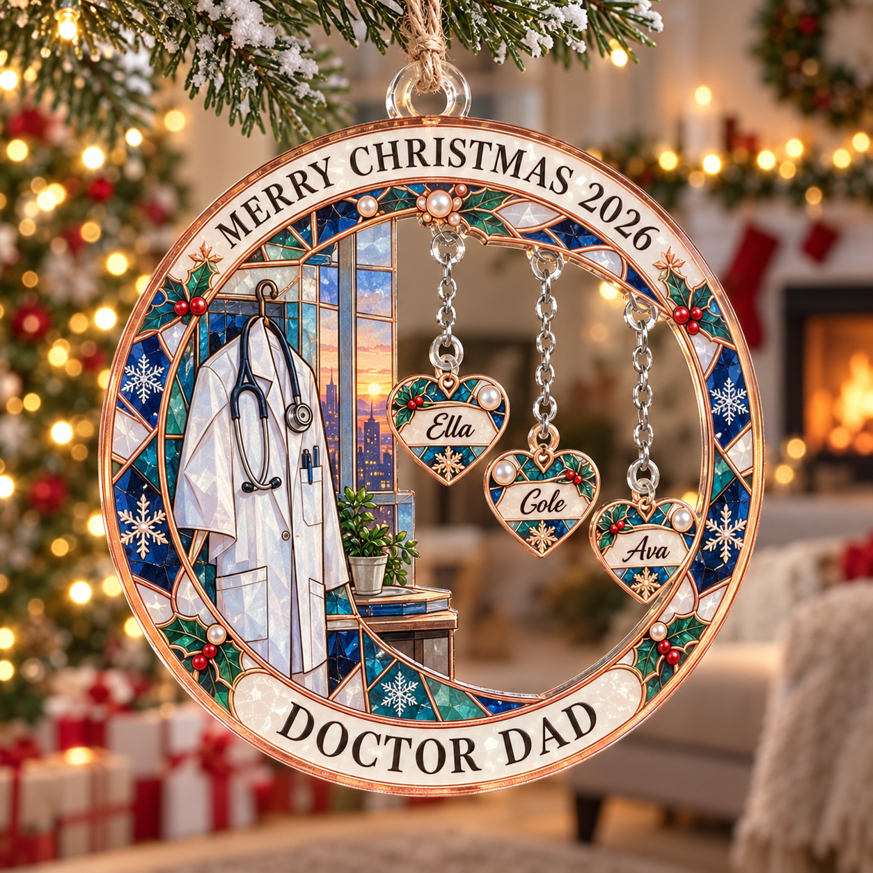 Stained-glass acrylic Christmas ornament with "DOCTOR DAD" and personalised name charms