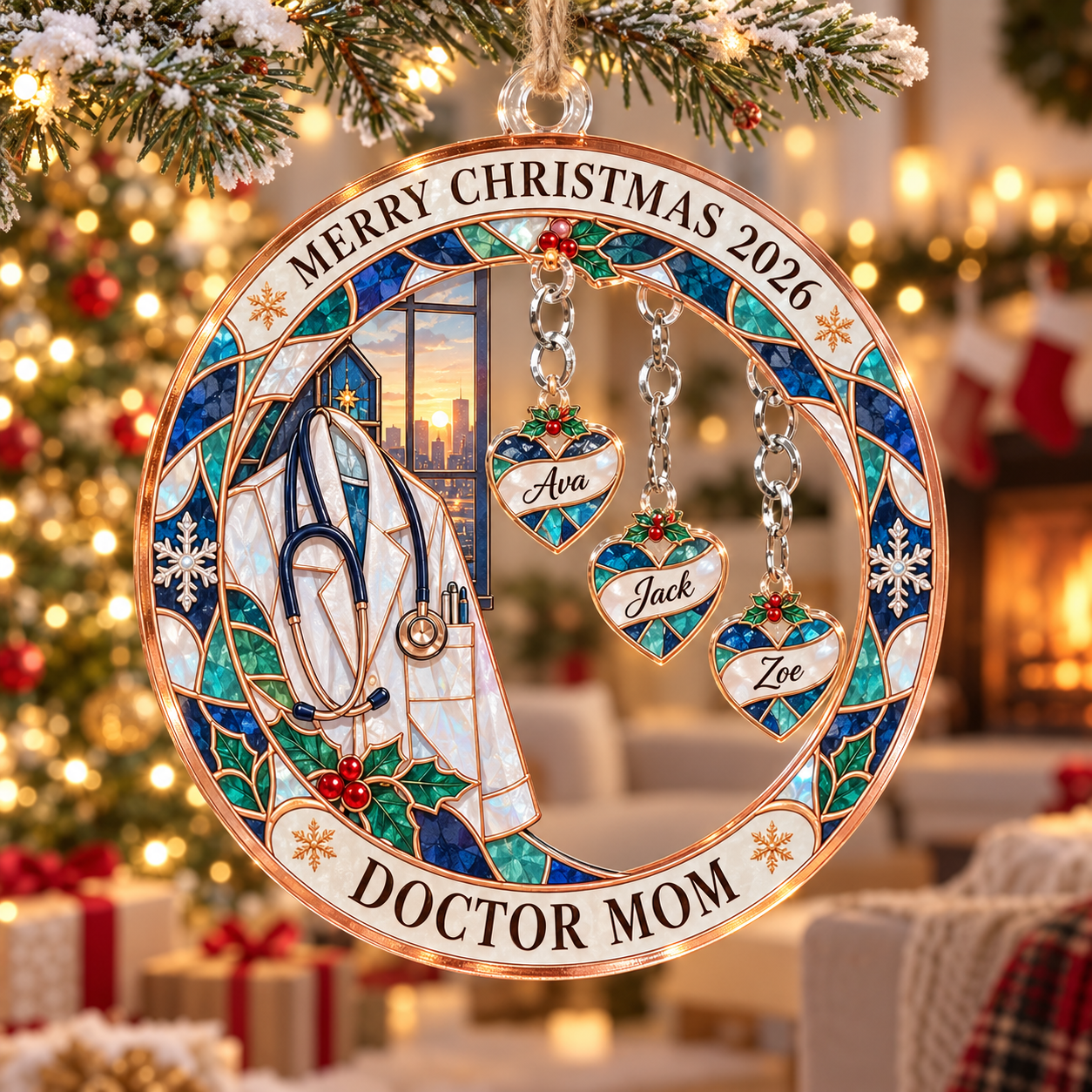 Stained-glass acrylic Christmas ornament with "DOCTOR MOM" and personalised name charms