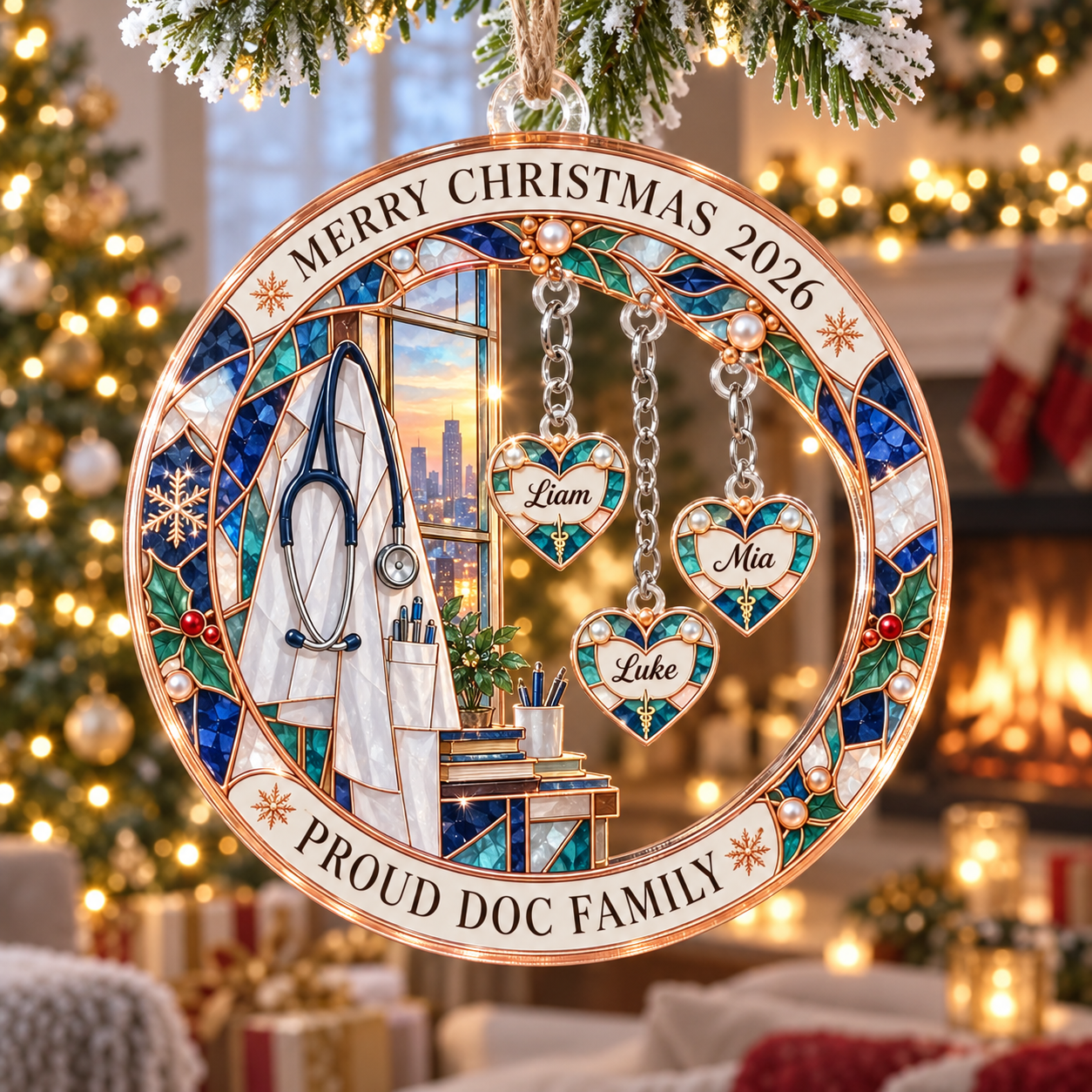 Stained-glass acrylic Christmas ornament with "PROUD DOC FAMILY" and personalised name charms