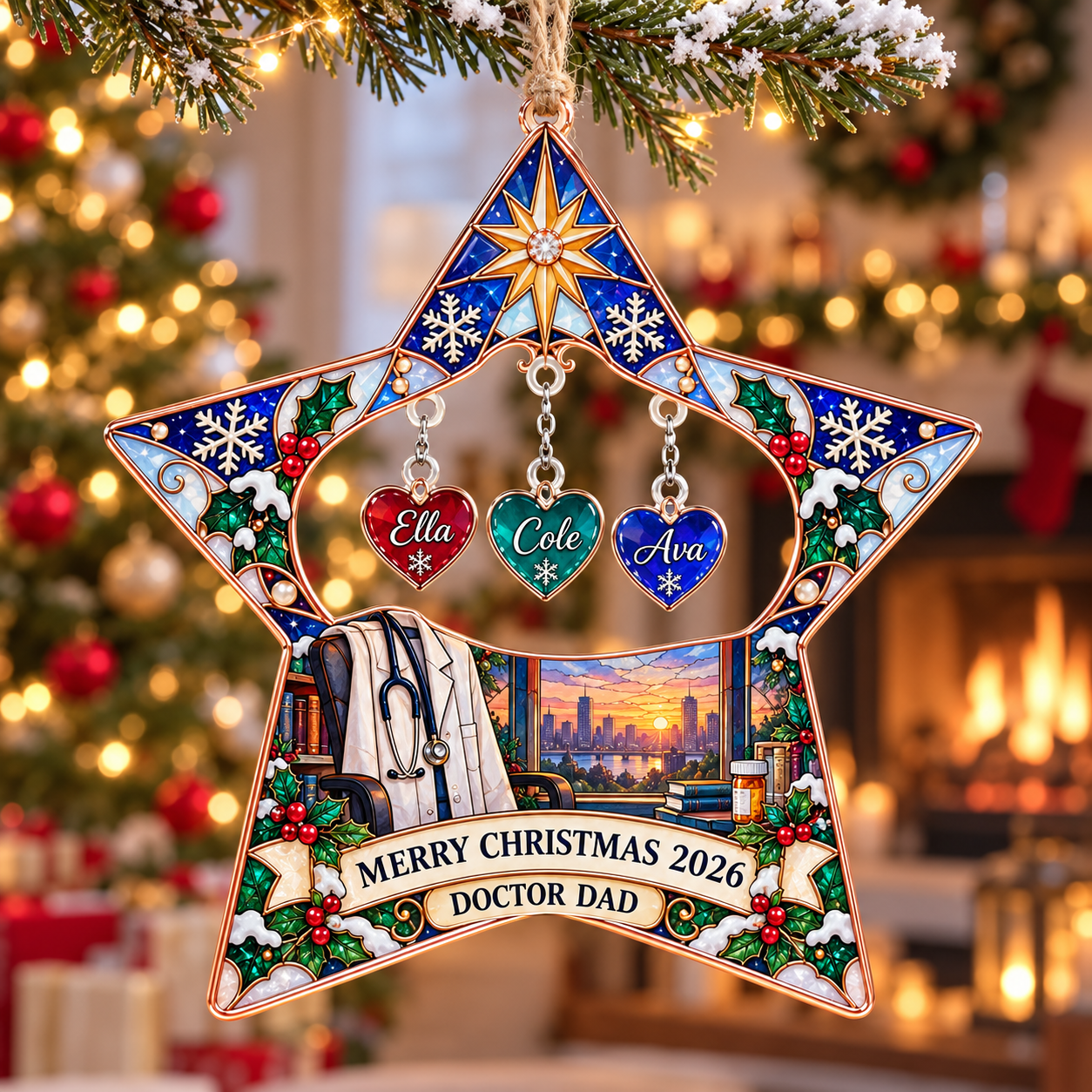 Stained-glass acrylic Christmas ornament with "DOCTOR DAD" and personalised name charms