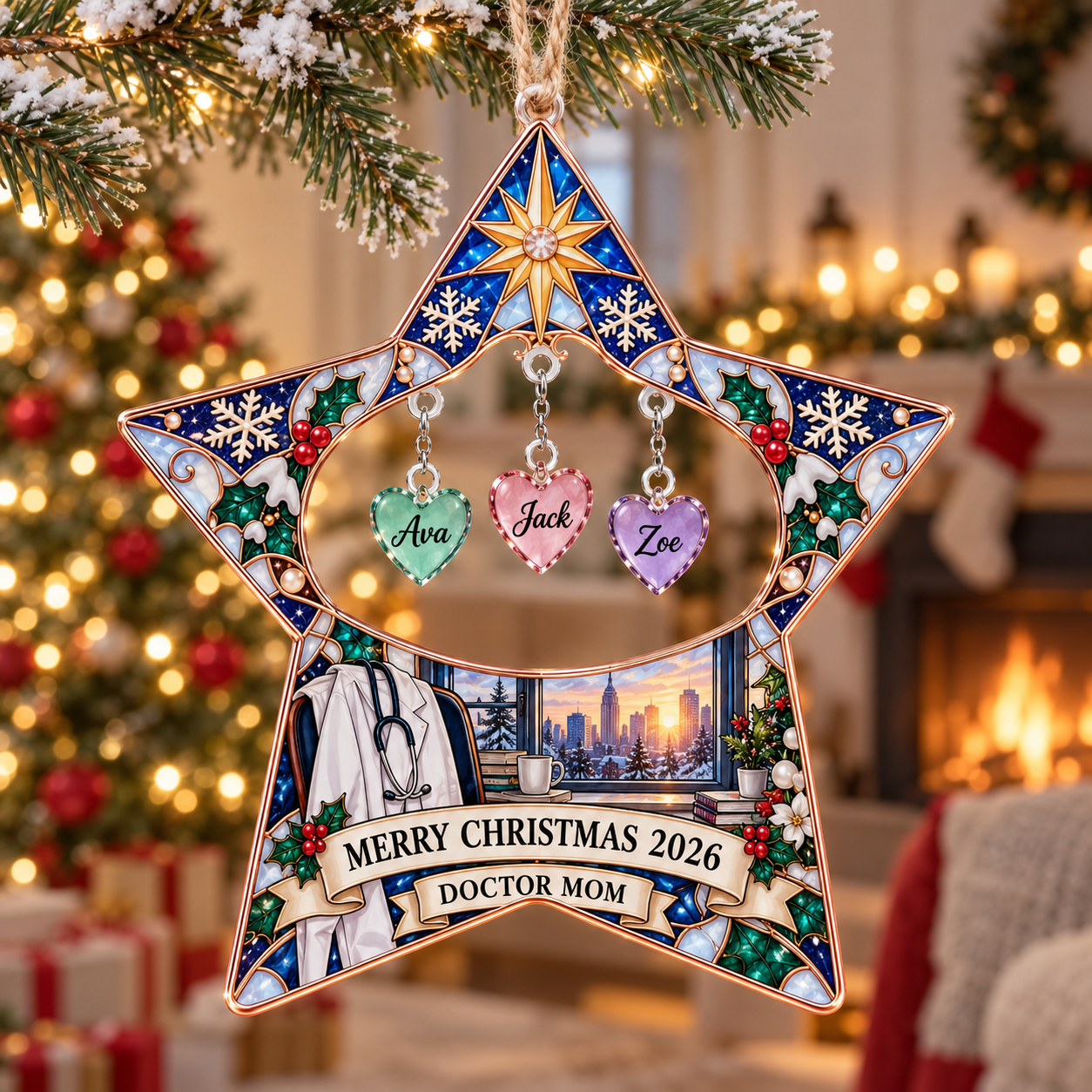 Stained-glass acrylic Christmas ornament with "DOCTOR MOM" and personalised name charms