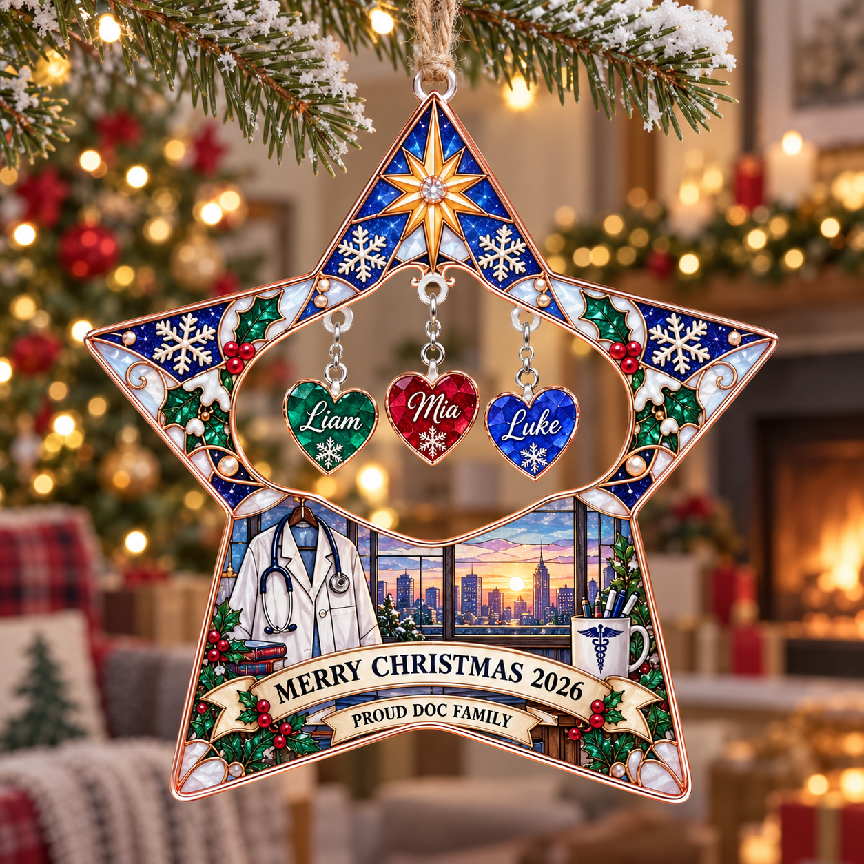 Stained-glass acrylic Christmas ornament with "PROUD DOC FAMILY" and personalised name charms