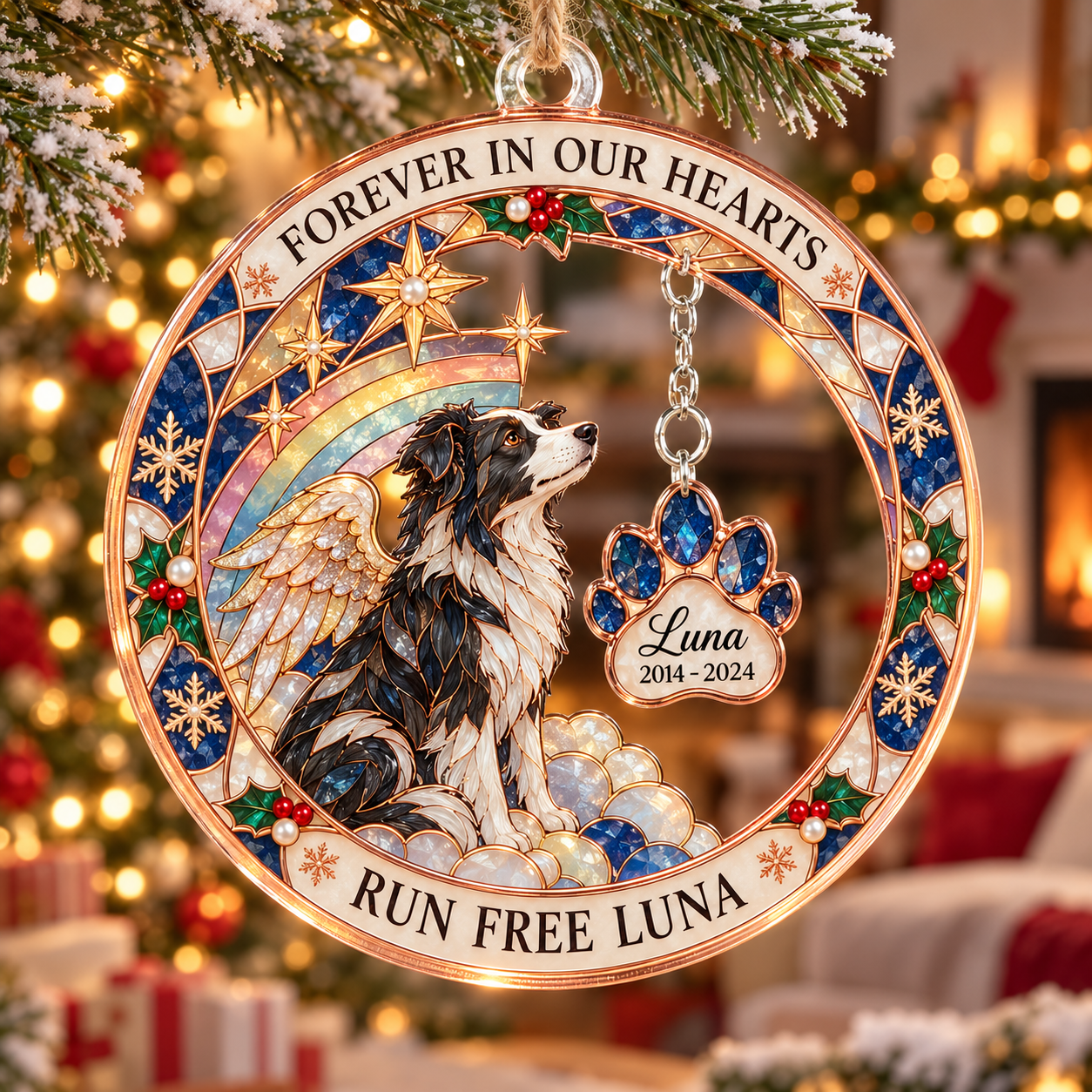Stained-glass acrylic Christmas ornament with "RUN FREE LUNA" and personalised name charms