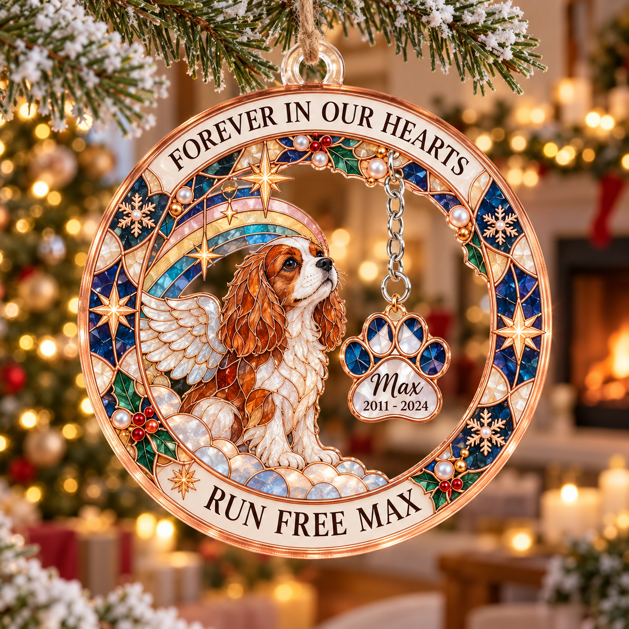 Stained-glass acrylic Christmas ornament with "RUN FREE MAX" and personalised name charms
