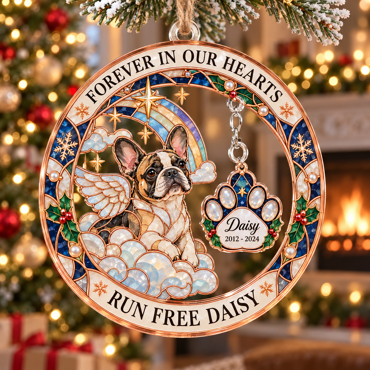 Stained-glass acrylic Christmas ornament with "RUN FREE DAISY" and personalised name charms