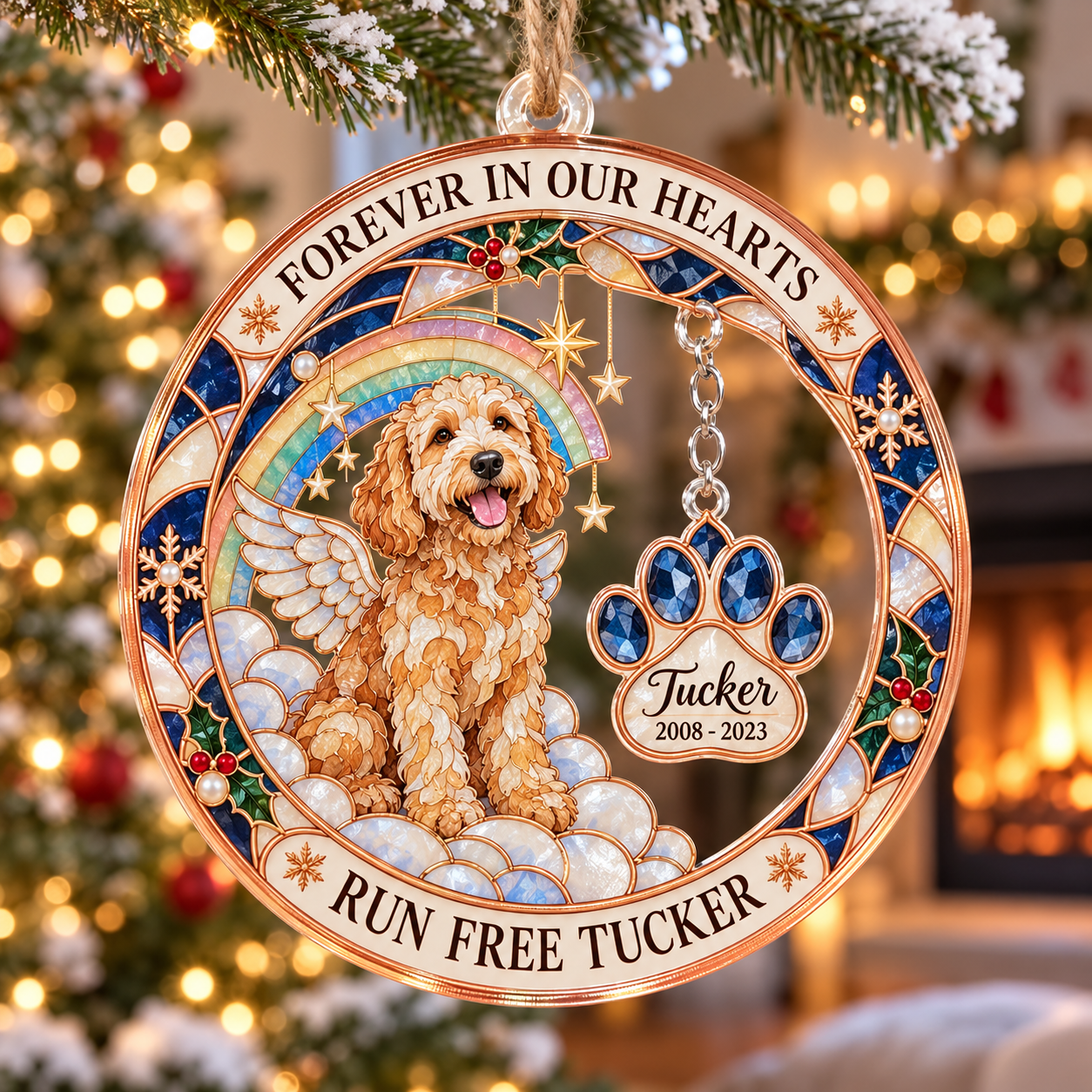 Stained-glass acrylic Christmas ornament with "RUN FREE TUCKER" and personalised name charms