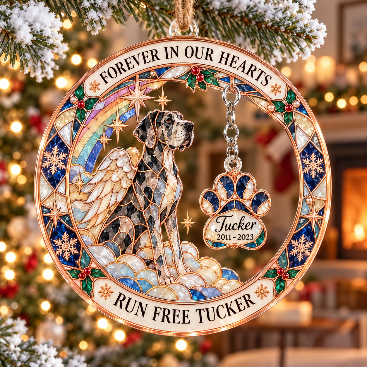 Stained-glass acrylic Christmas ornament with "RUN FREE TUCKER" and personalised name charms